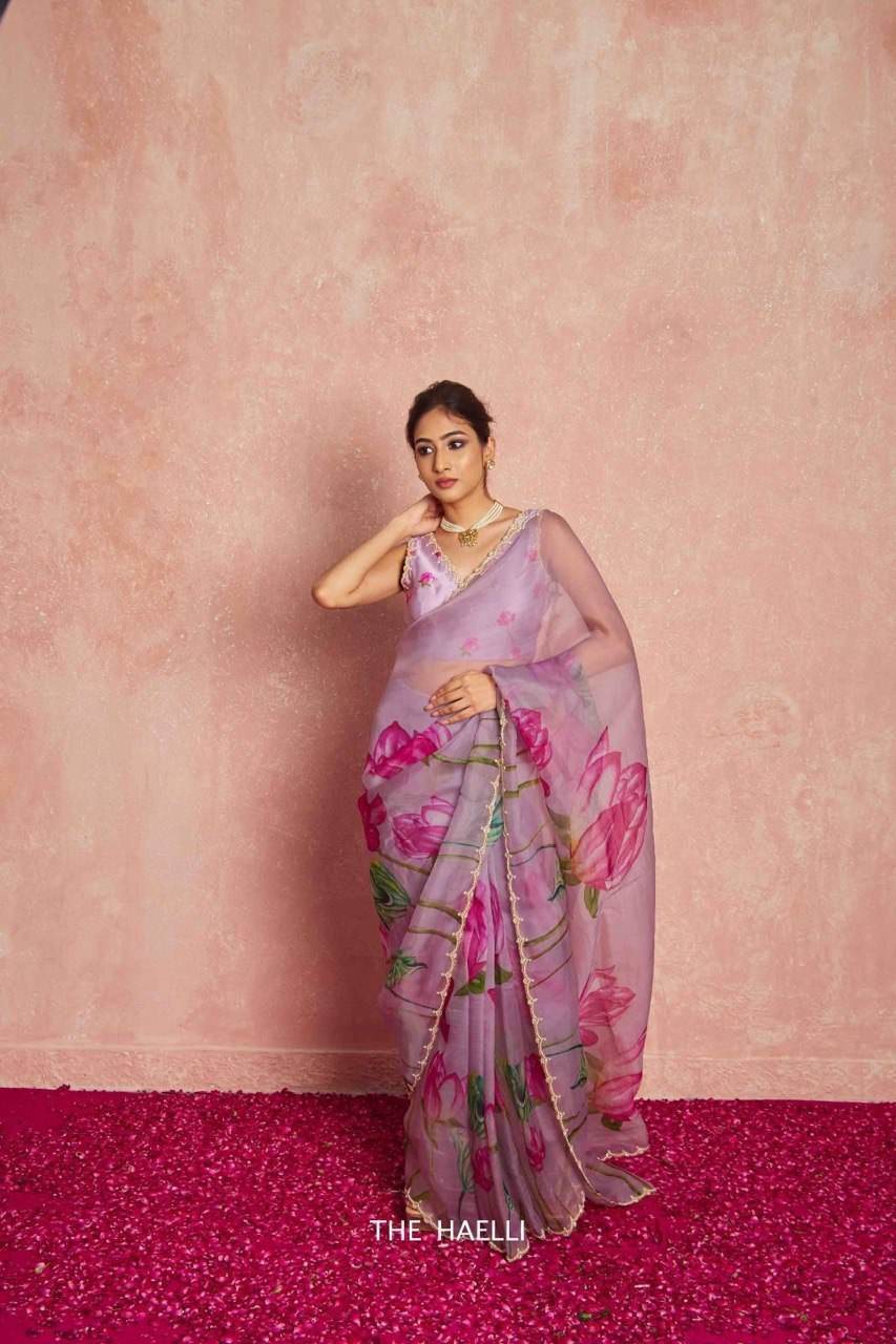 Organza Saree with Delicate Khatli Embroidery - SEEANS