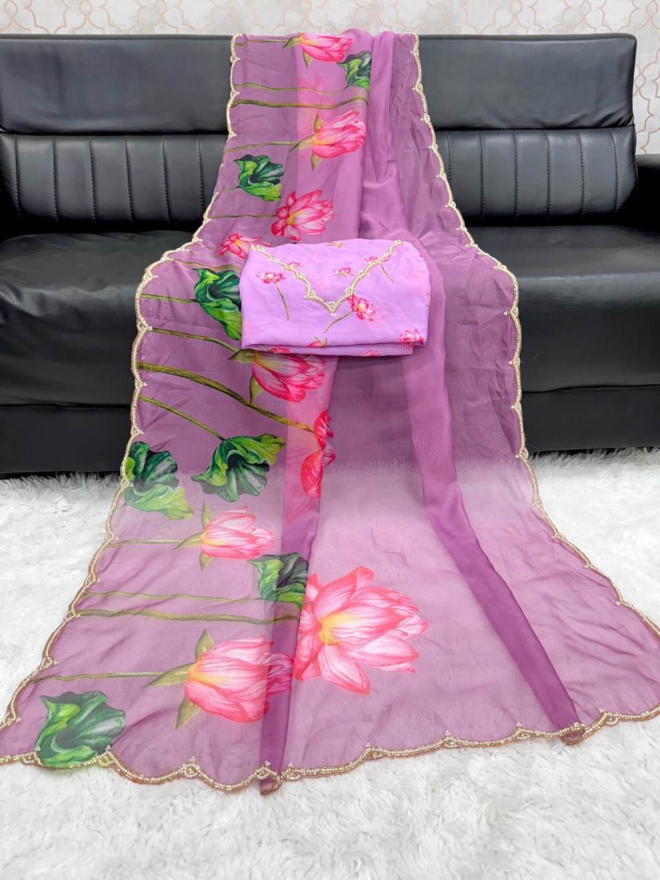 Organza Saree with Delicate Khatli Embroidery - SEEANS