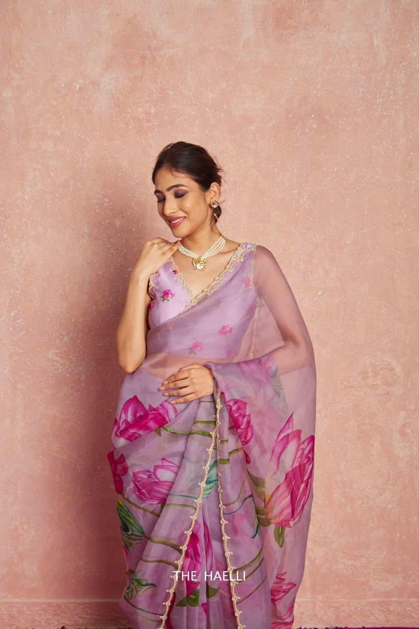 Organza Saree with Delicate Khatli Embroidery - SEEANS