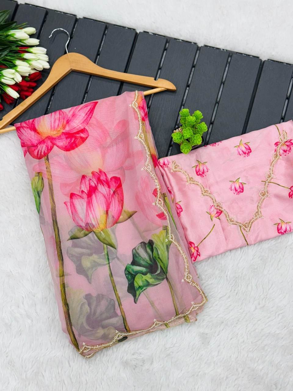 Traditional TB Organza Khatli Work Saree | Embroidery Lace Border and Unstitched Blouse - SEEANS
