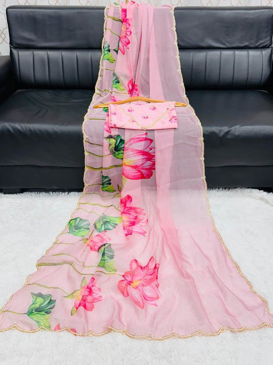 Traditional TB Organza Khatli Work Saree | Embroidery Lace Border and Unstitched Blouse - SEEANS