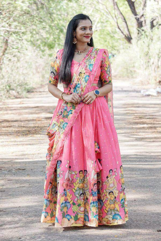 Bold Red Kalamkari Lehenga Choli – Folk Dancer Print | SEEANS - SEEANS