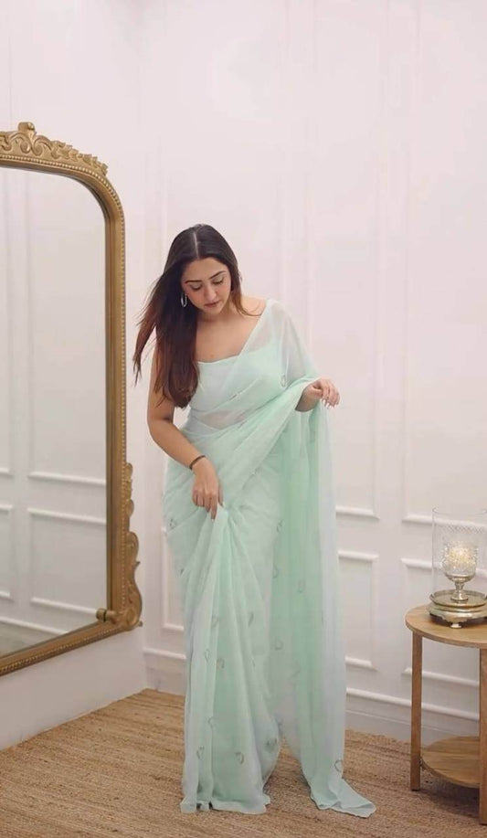 Handwork Kumud Beads Saree - Soft Georgette Fabric with Running Blouse Cut (6.3 Meters) | Lightweight 300 Grams Saree for Women - SEEANS