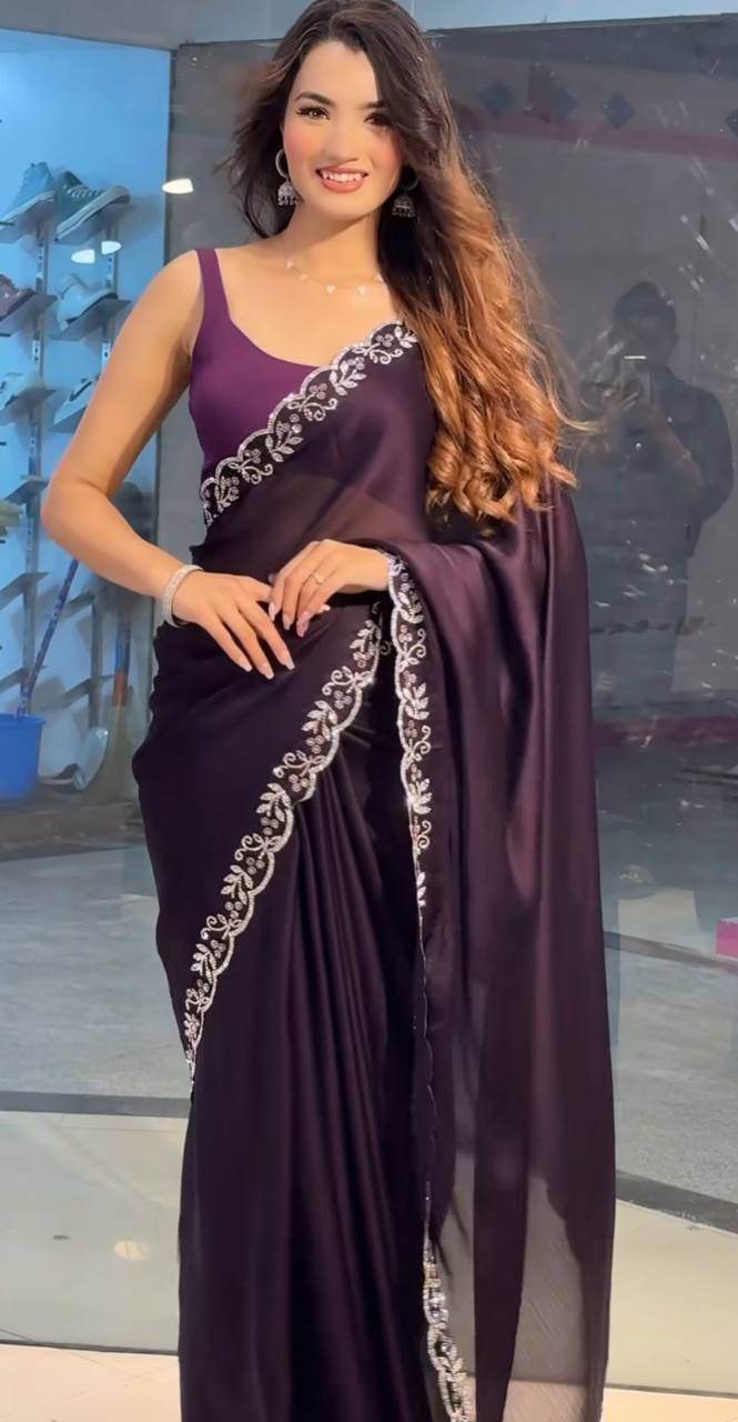 Style Rich Party Wear Saree for Women - Black Ramgoli Rich Soft Shine Fabric with Handmade Diamond Panel Work & Matching Running Blouse - SEEANS