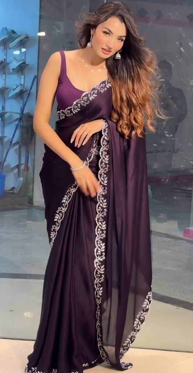 Style Rich Party Wear Saree for Women - Black Ramgoli Rich Soft Shine Fabric with Handmade Diamond Panel Work & Matching Running Blouse - SEEANS