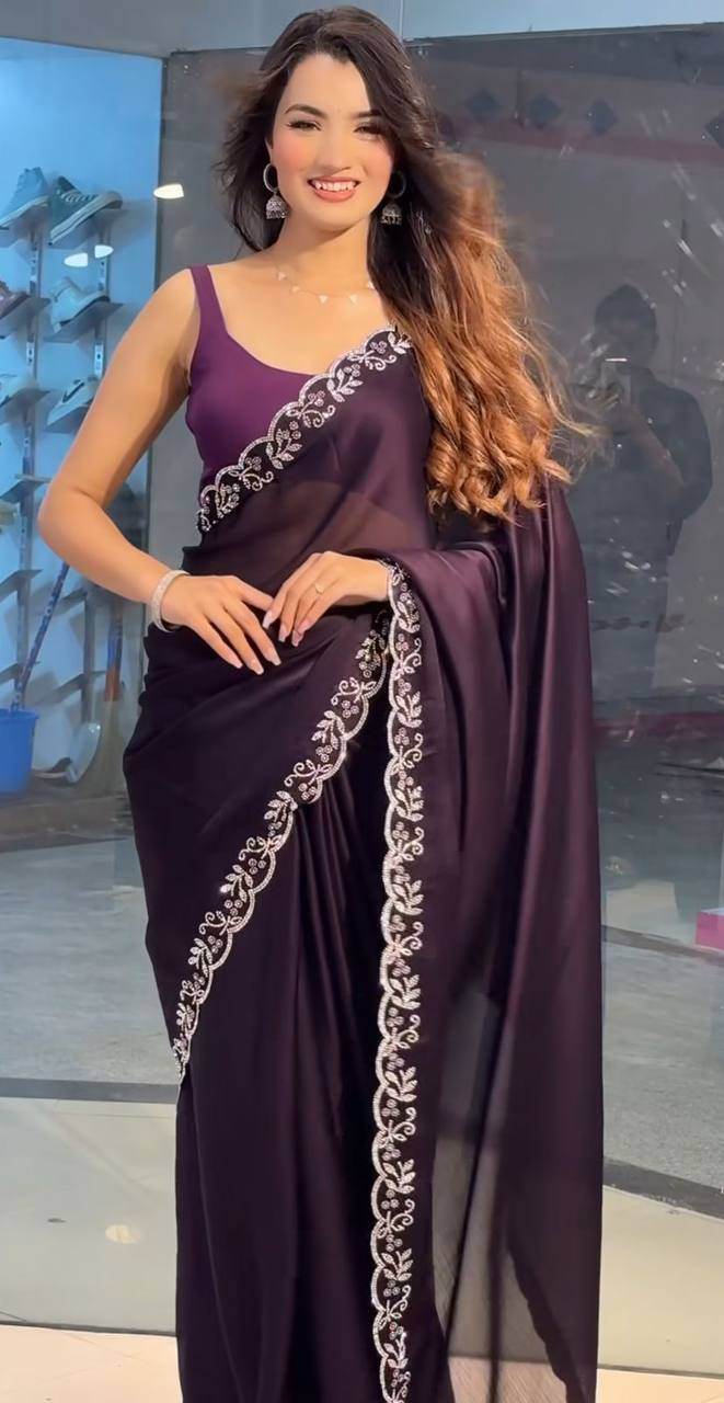 Style Rich Party Wear Saree for Women - Black Ramgoli Rich Soft Shine Fabric with Handmade Diamond Panel Work & Matching Running Blouse - SEEANS