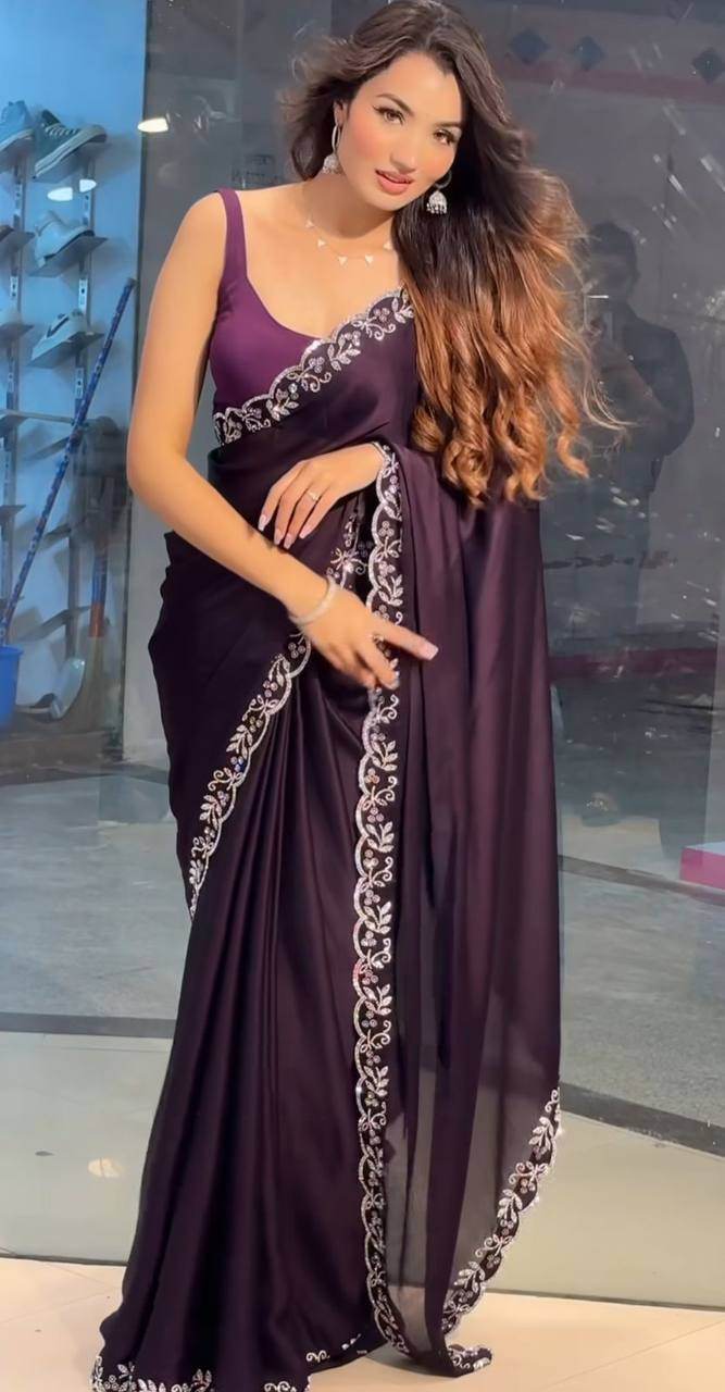 Style Rich Party Wear Saree for Women - Black Ramgoli Rich Soft Shine Fabric with Handmade Diamond Panel Work & Matching Running Blouse - SEEANS