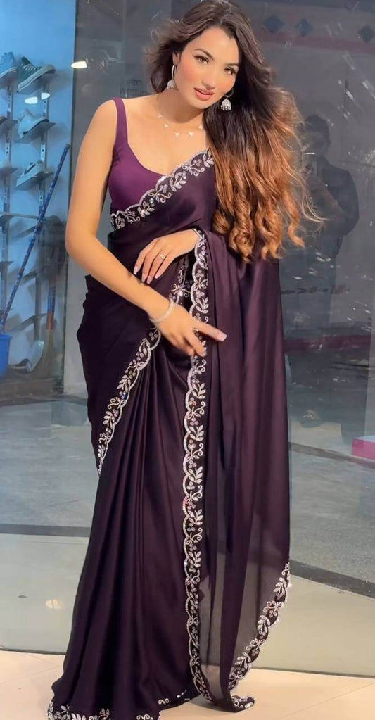 Style Rich Party Wear Saree for Women - Black Ramgoli Rich Soft Shine Fabric with Handmade Diamond Panel Work & Matching Running Blouse - SEEANS