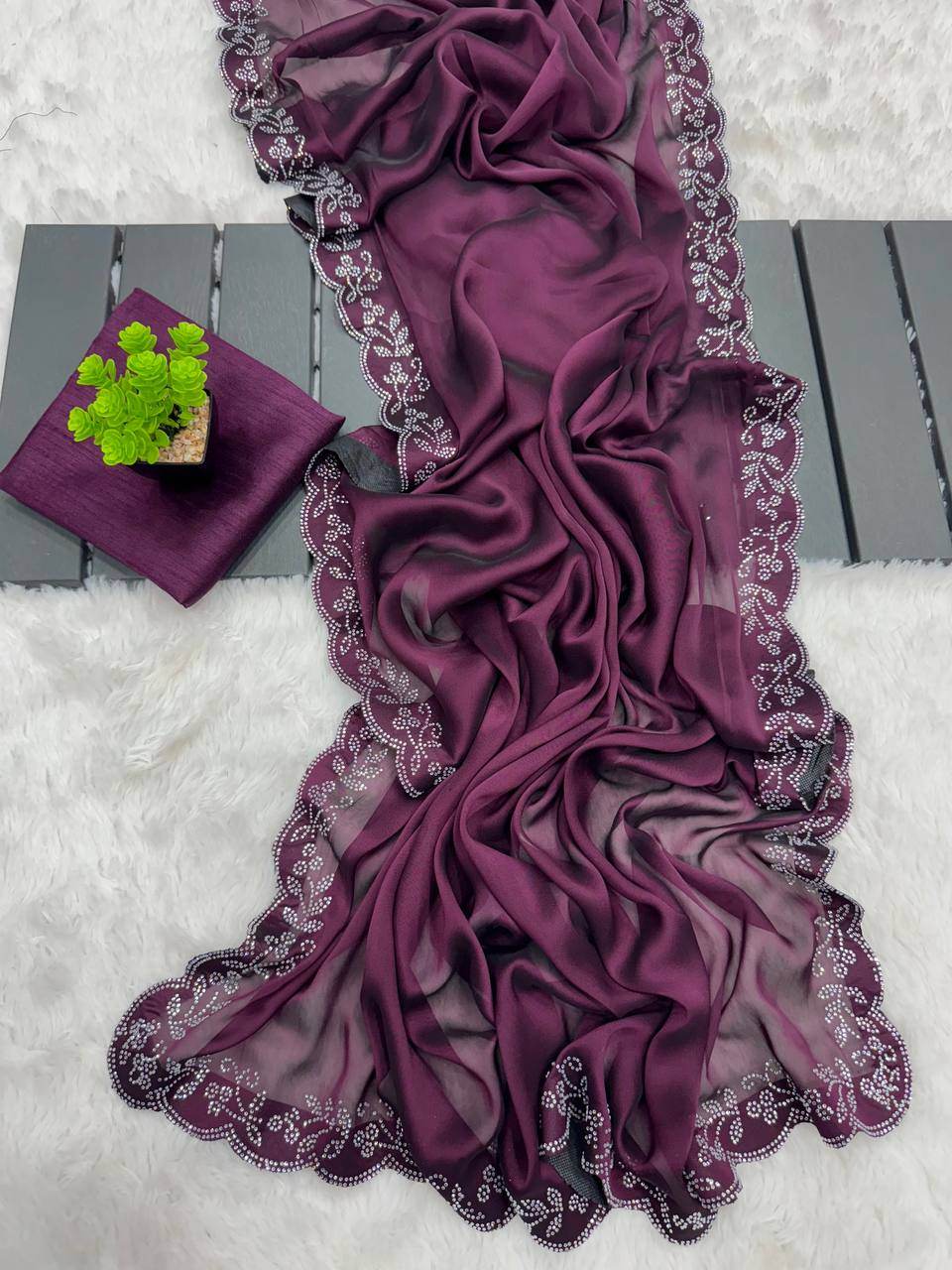 Style Rich Party Wear Saree for Women - Black Ramgoli Rich Soft Shine Fabric with Handmade Diamond Panel Work & Matching Running Blouse - SEEANS