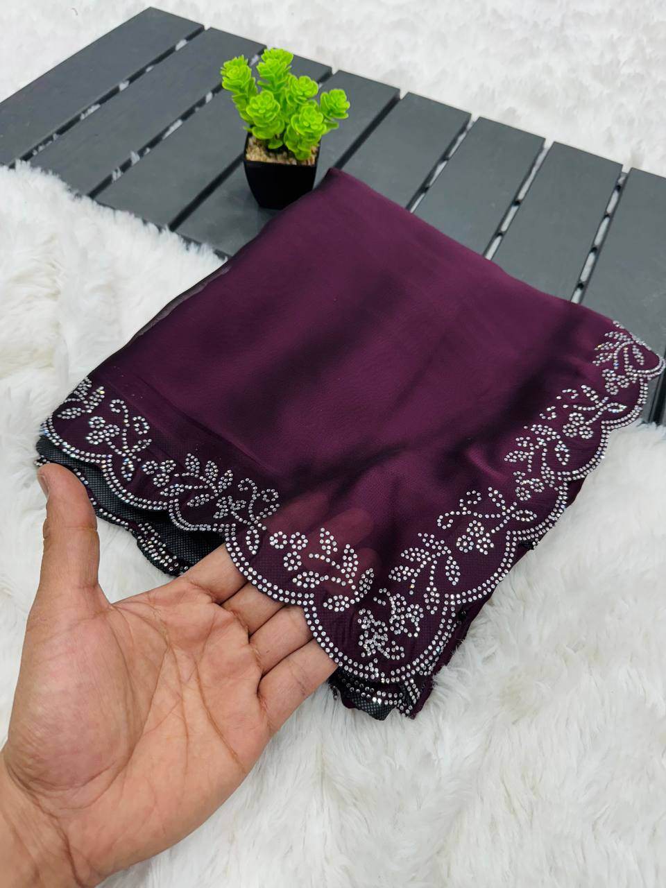 Style Rich Party Wear Saree for Women - Black Ramgoli Rich Soft Shine Fabric with Handmade Diamond Panel Work & Matching Running Blouse - SEEANS