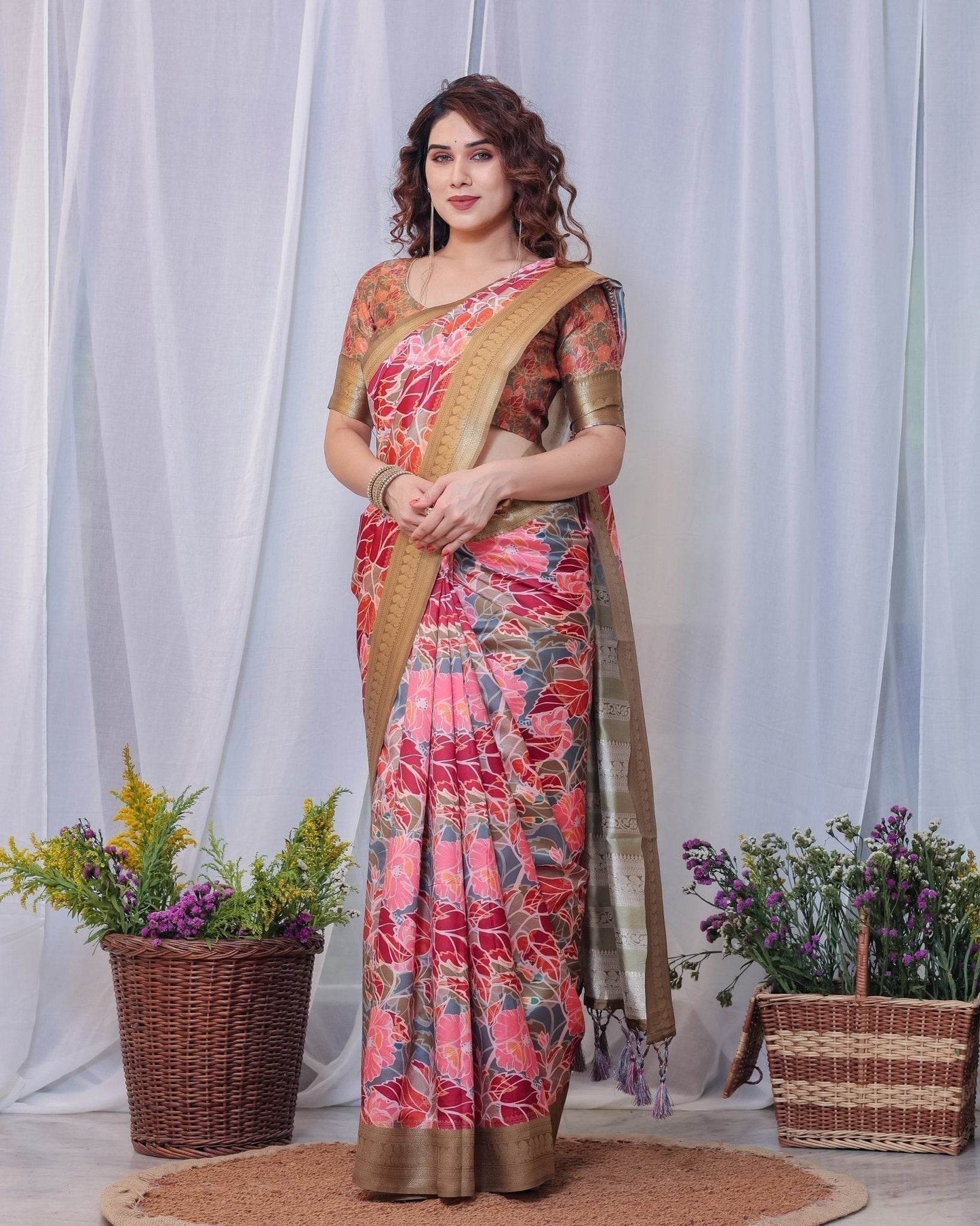 Radiant Red and Gold Banarasi Silk Saree with Floral Motifs and Tassels - SEEANS