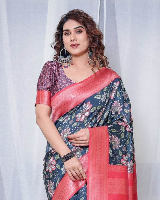 Regal Navy Blue and Pink Floral Banarasi Silk Saree with Tassels - SEEANS