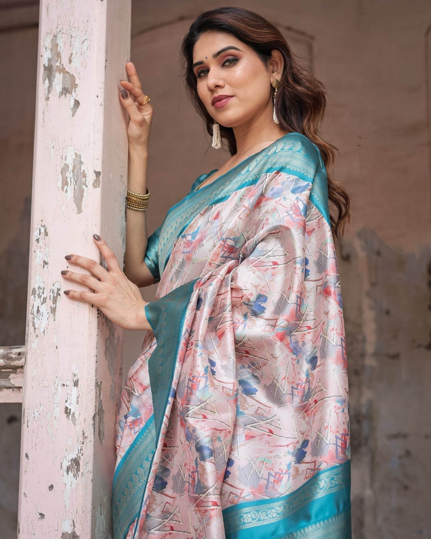 Mesmerizing Aqua Banarasi Silk Saree with Digital Print and Tassels - SEEANS