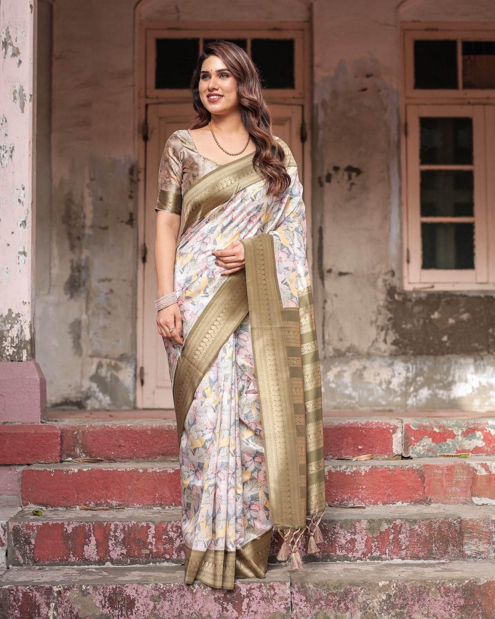 Ivory Banarasi Silk Saree with Gold Zari Border and Multicolor Floral Design - SEEANS