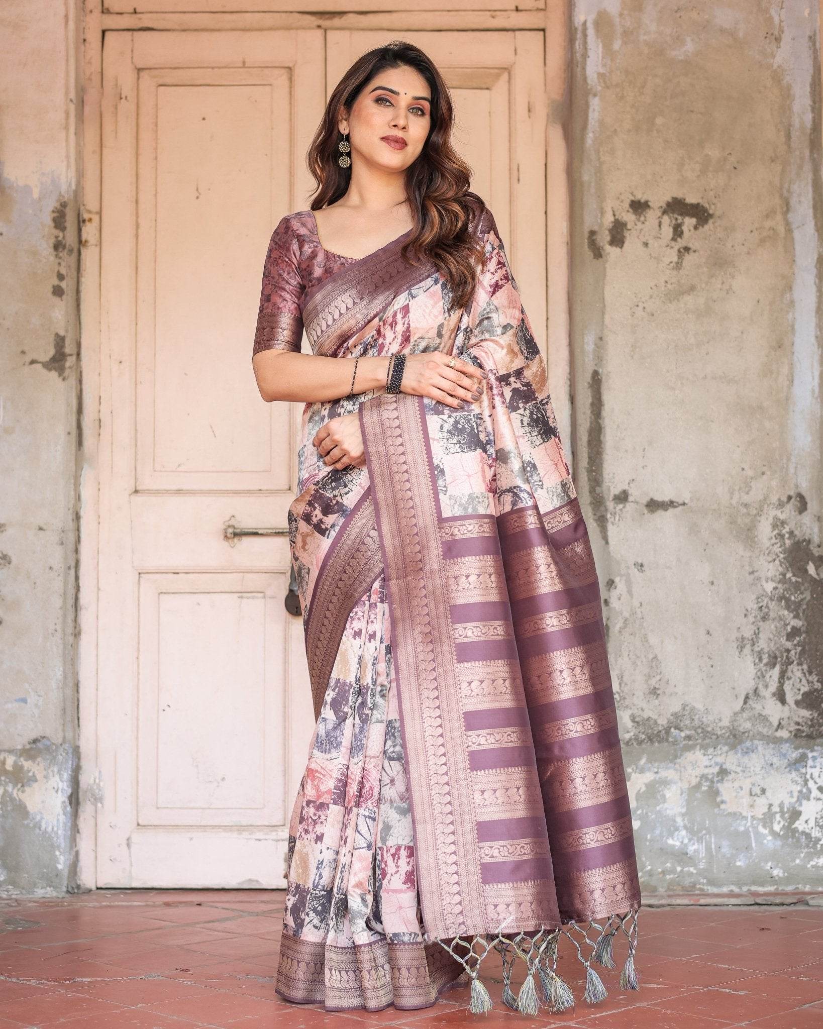 Mauve Banarasi Silk Saree with Abstract Checkered Digital Print & Zari Border - SEEANS