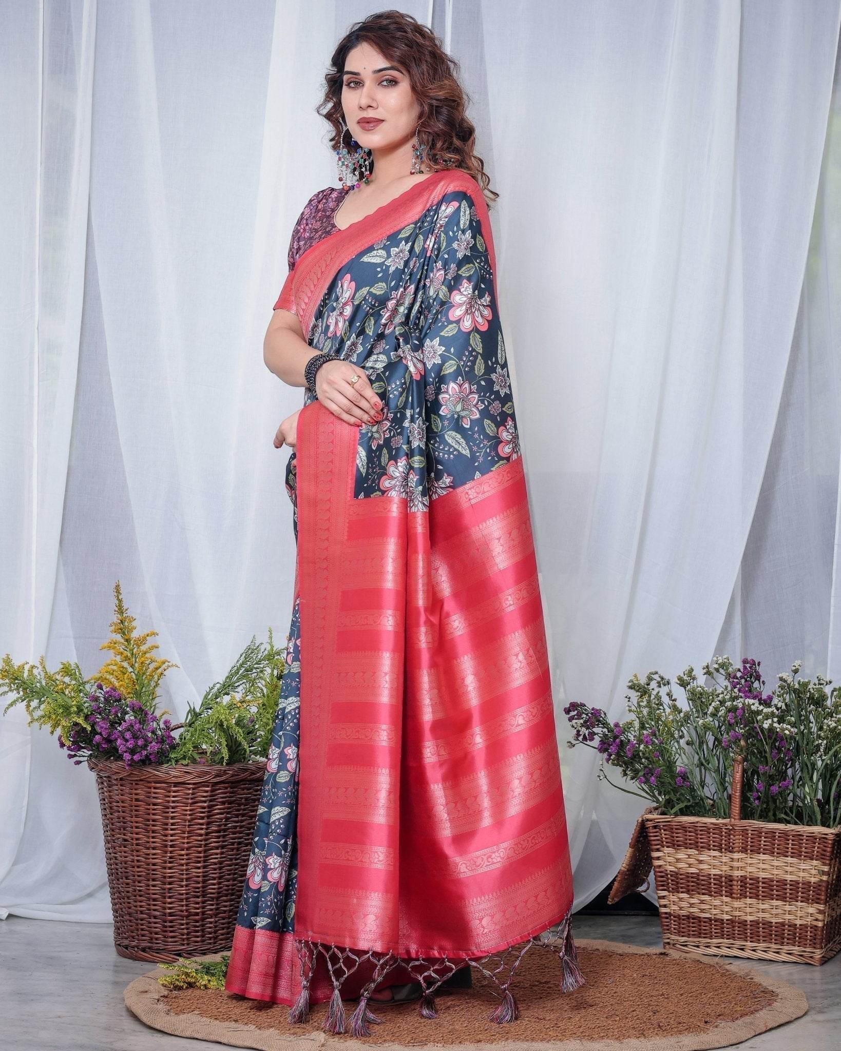 Regal Navy Blue and Pink Floral Banarasi Silk Saree with Tassels - SEEANS