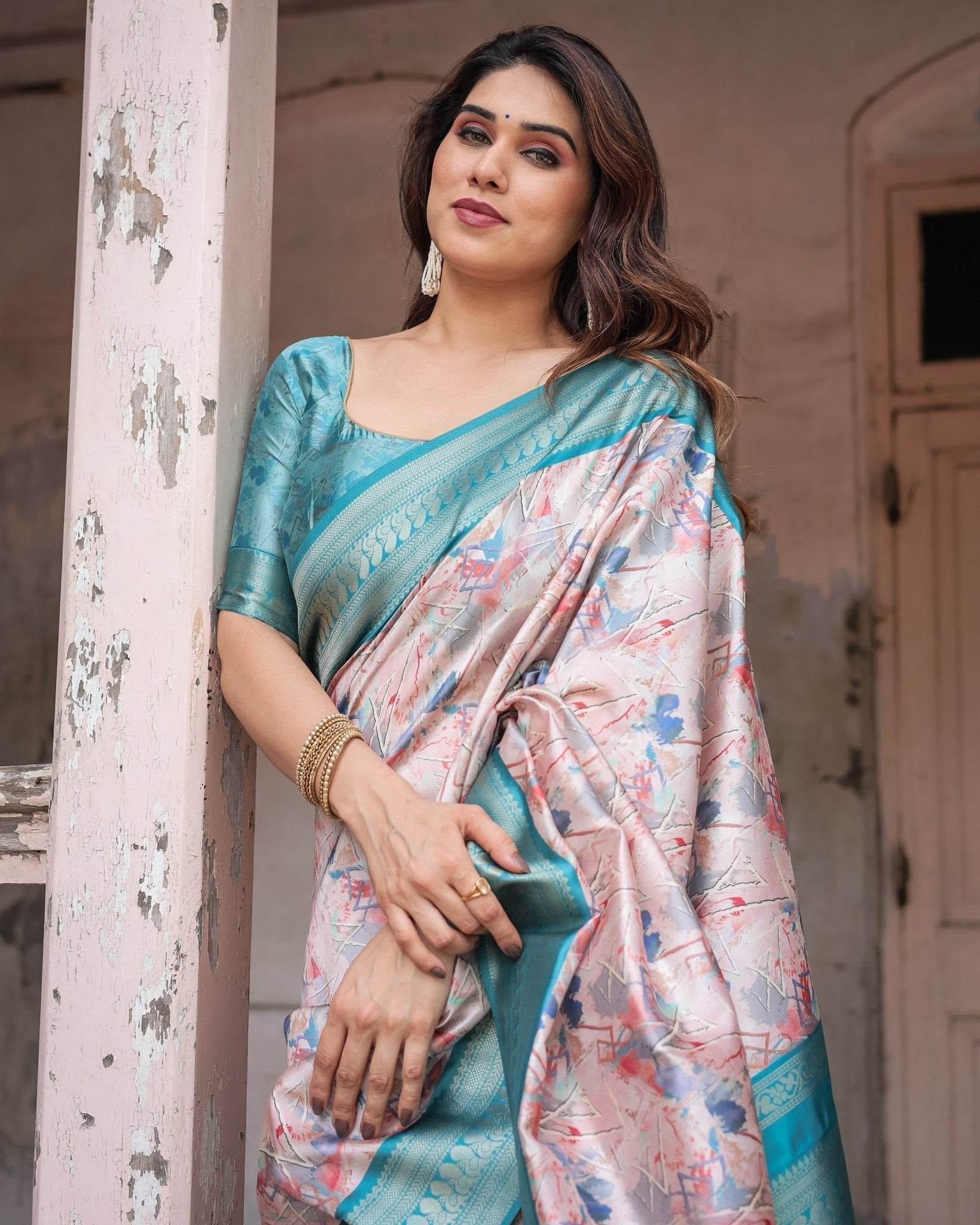 Mesmerizing Aqua Banarasi Silk Saree with Digital Print and Tassels - SEEANS