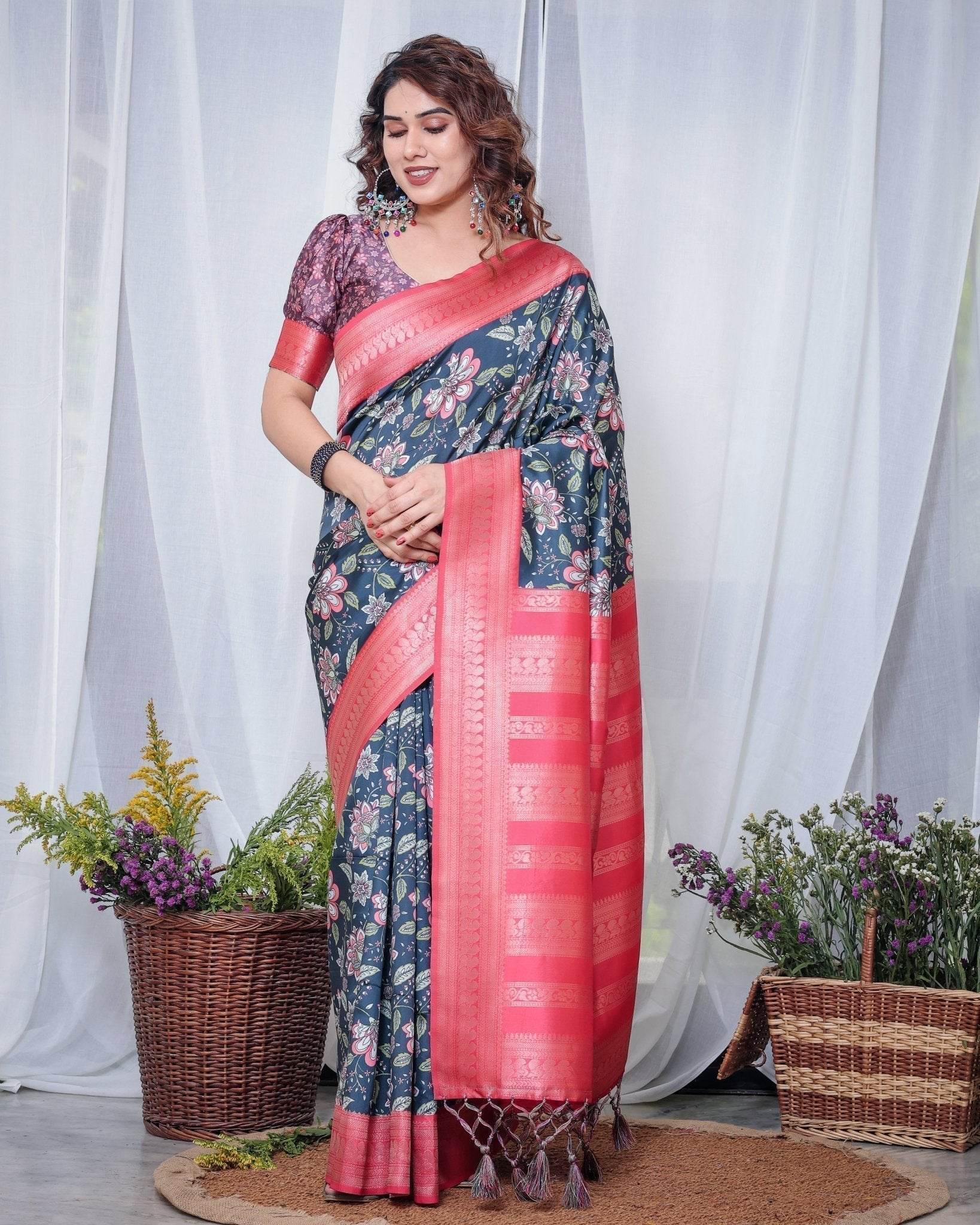 Regal Navy Blue and Pink Floral Banarasi Silk Saree with Tassels - SEEANS
