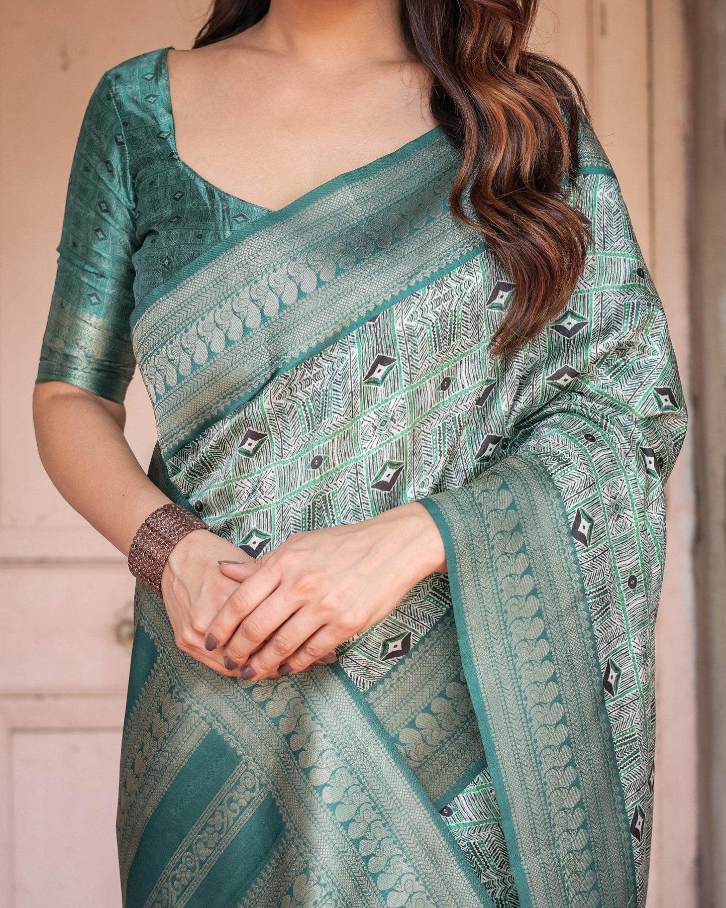 Teal Green Banarasi Silk Saree with Geometric Digital Print & Intricate Zari Border - SEEANS