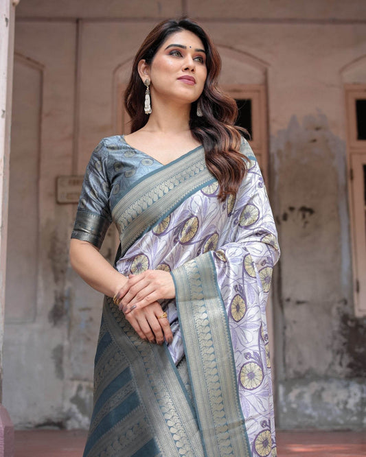Sophisticated Lilac Banarasi Silk Saree with Floral Prints and Zari Tassel Border - SEEANS