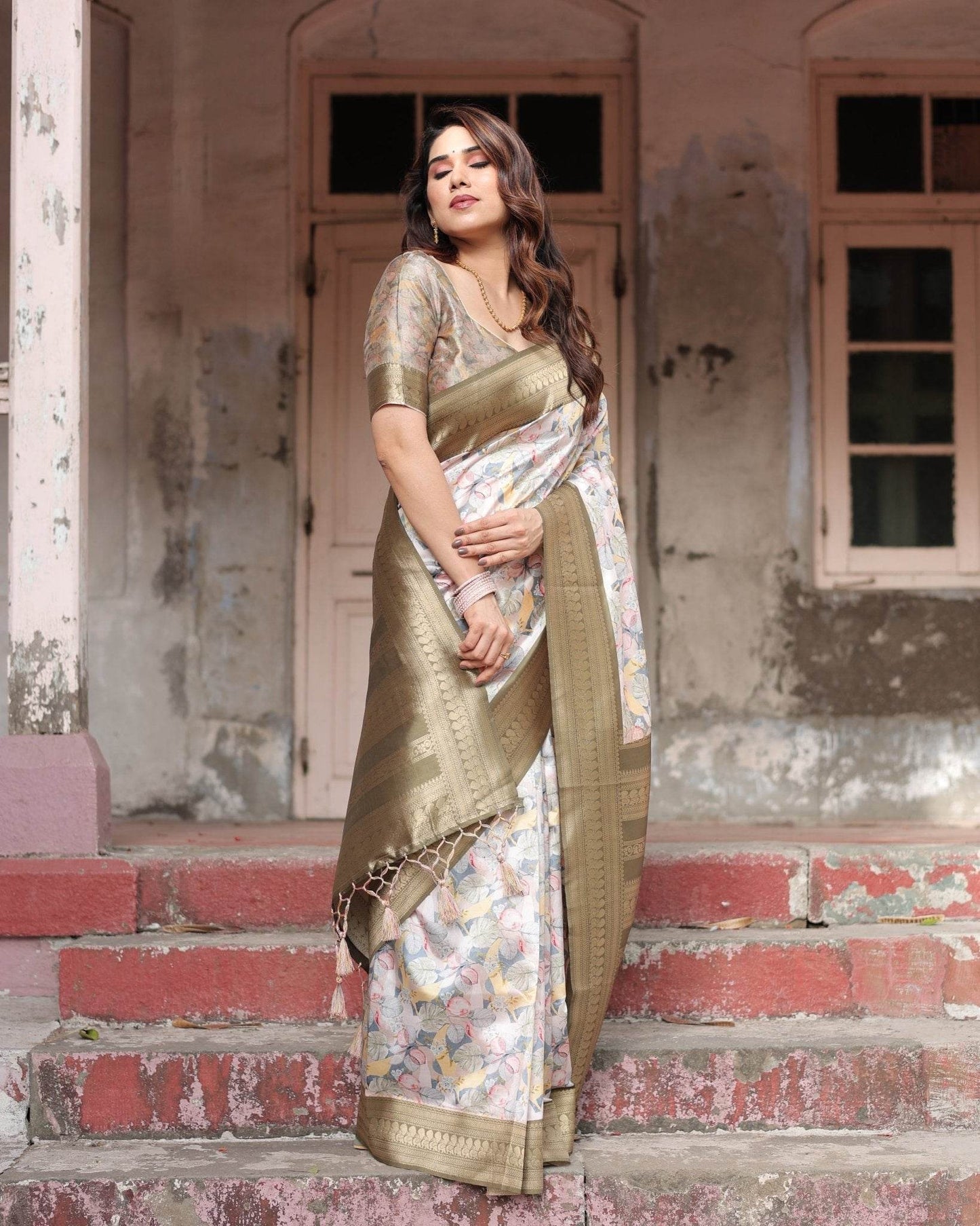 Ivory Banarasi Silk Saree with Gold Zari Border and Multicolor Floral Design - SEEANS