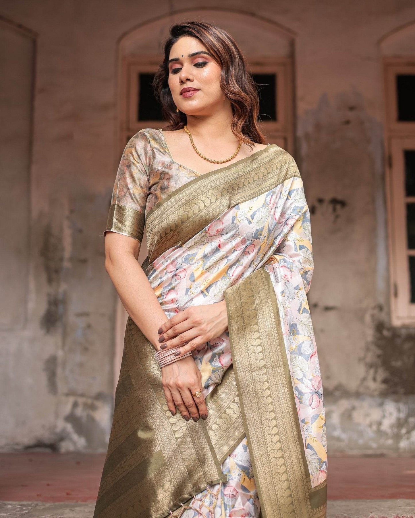 Ivory Banarasi Silk Saree with Gold Zari Border and Multicolor Floral Design - SEEANS