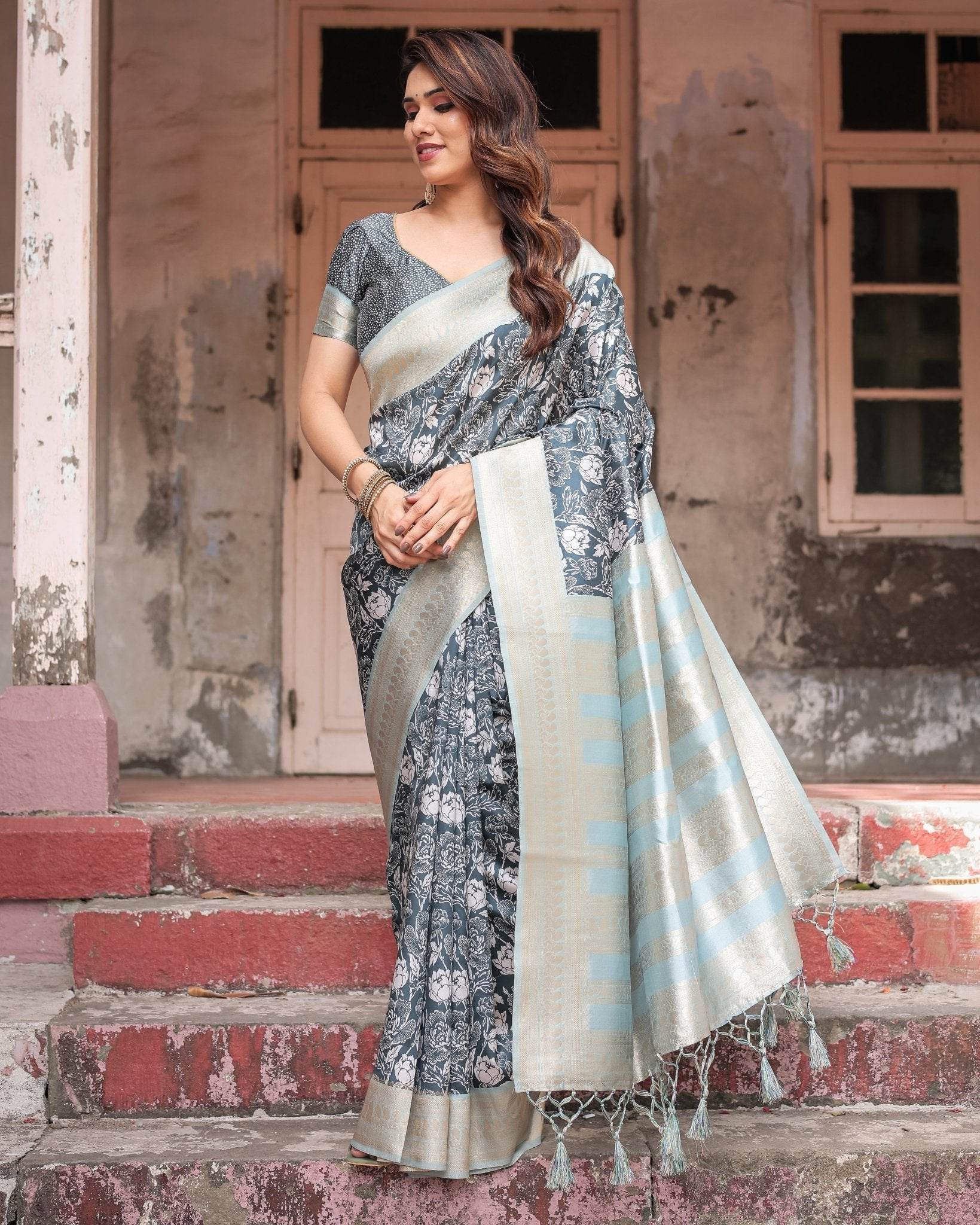 Sophisticated Floral Banarasi Silk Saree with Light Blue Zari Border - SEEANS