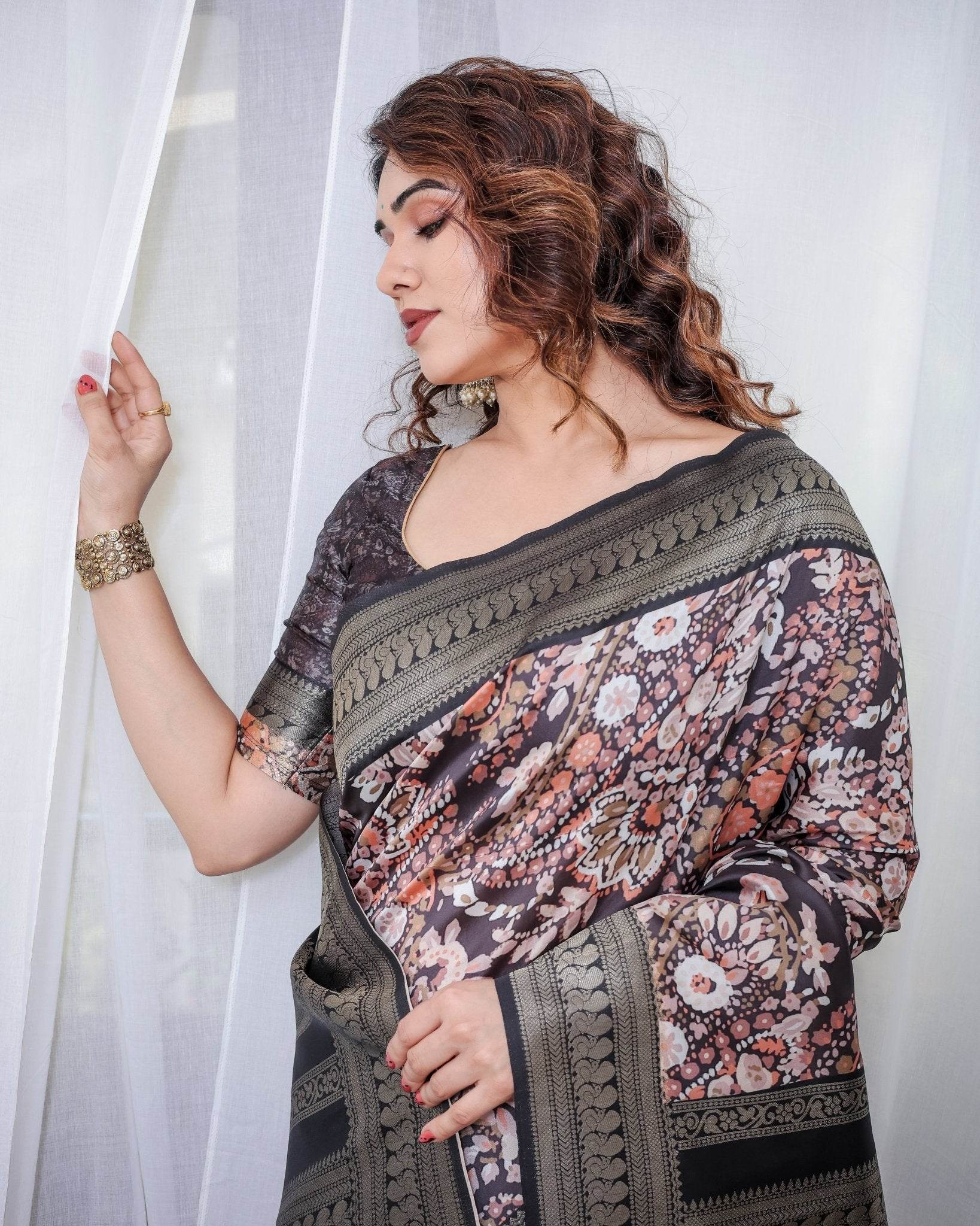 Exquisite Black and Pink Floral Banarasi Silk Saree with Intricate Tassels - SEEANS