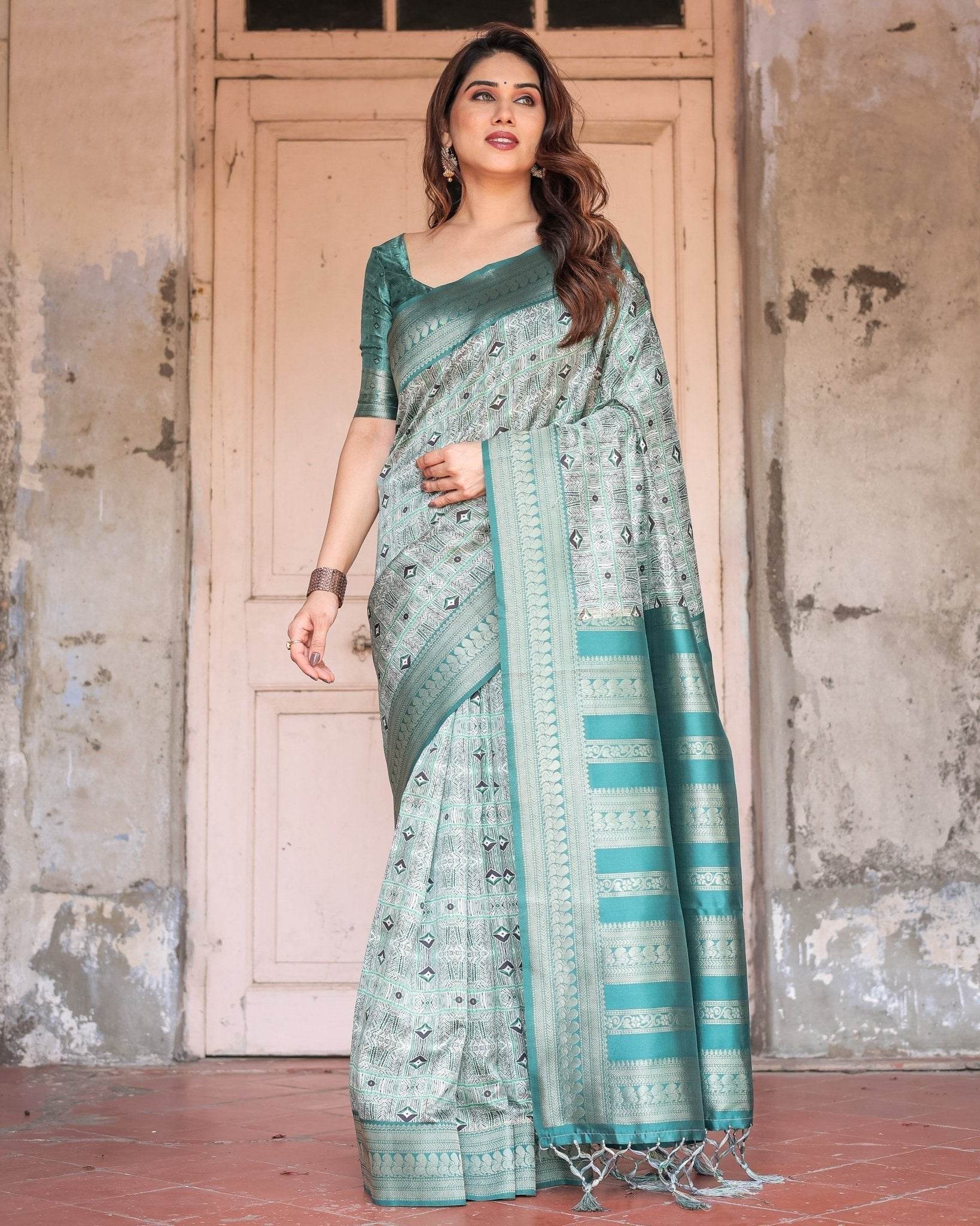 Teal Green Banarasi Silk Saree with Geometric Digital Print & Intricate Zari Border - SEEANS