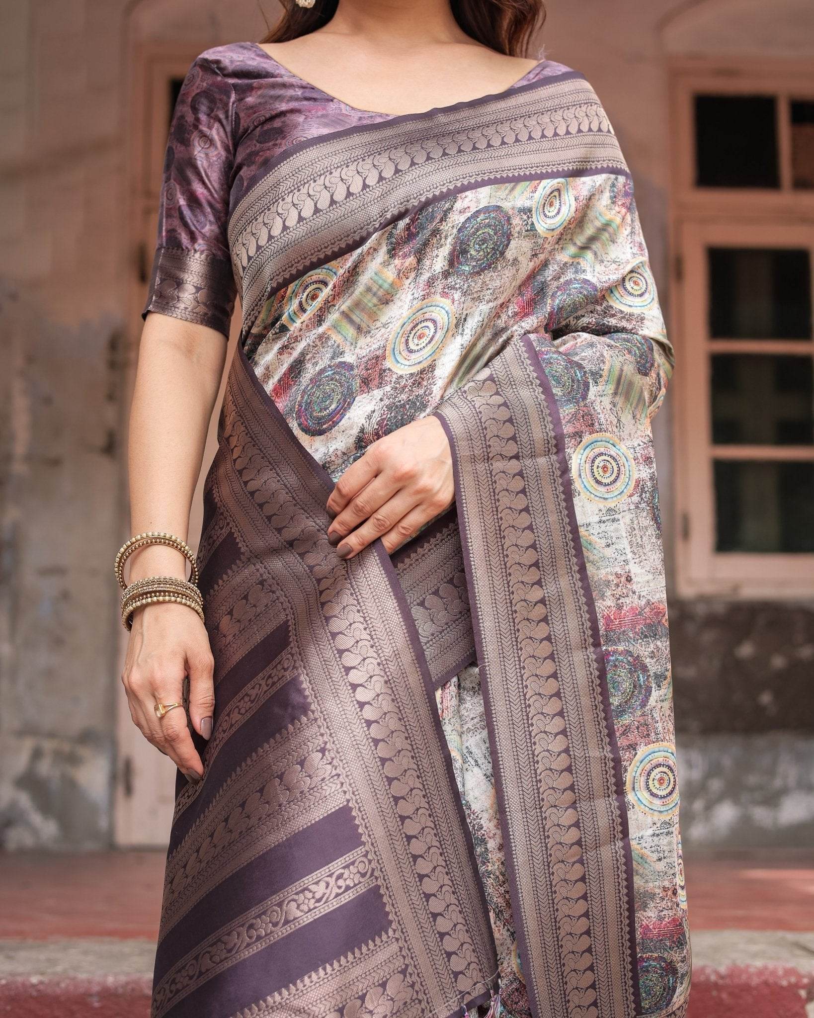Regal Purple Banarasi Silk Saree with Digital Print and Ornate Border - SEEANS