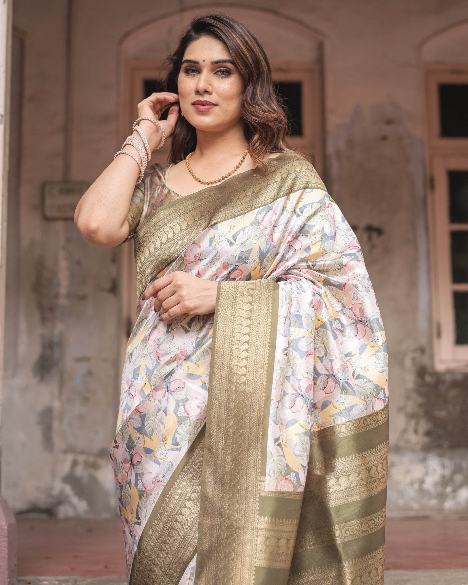 Ivory Banarasi Silk Saree with Gold Zari Border and Multicolor Floral Design - SEEANS
