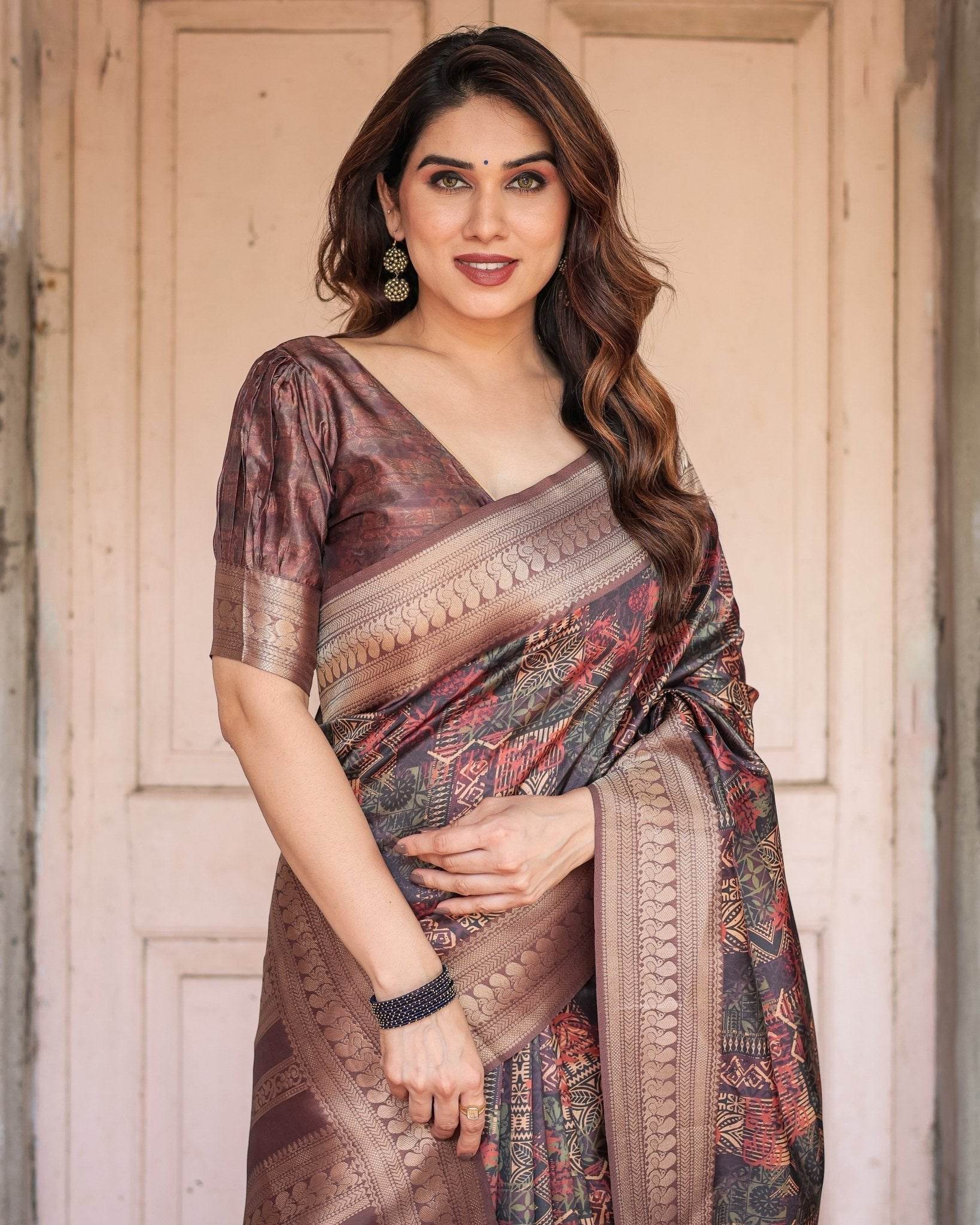 Rich Chocolate Banarasi Silk Saree with Geometric Print and Zari Border - SEEANS