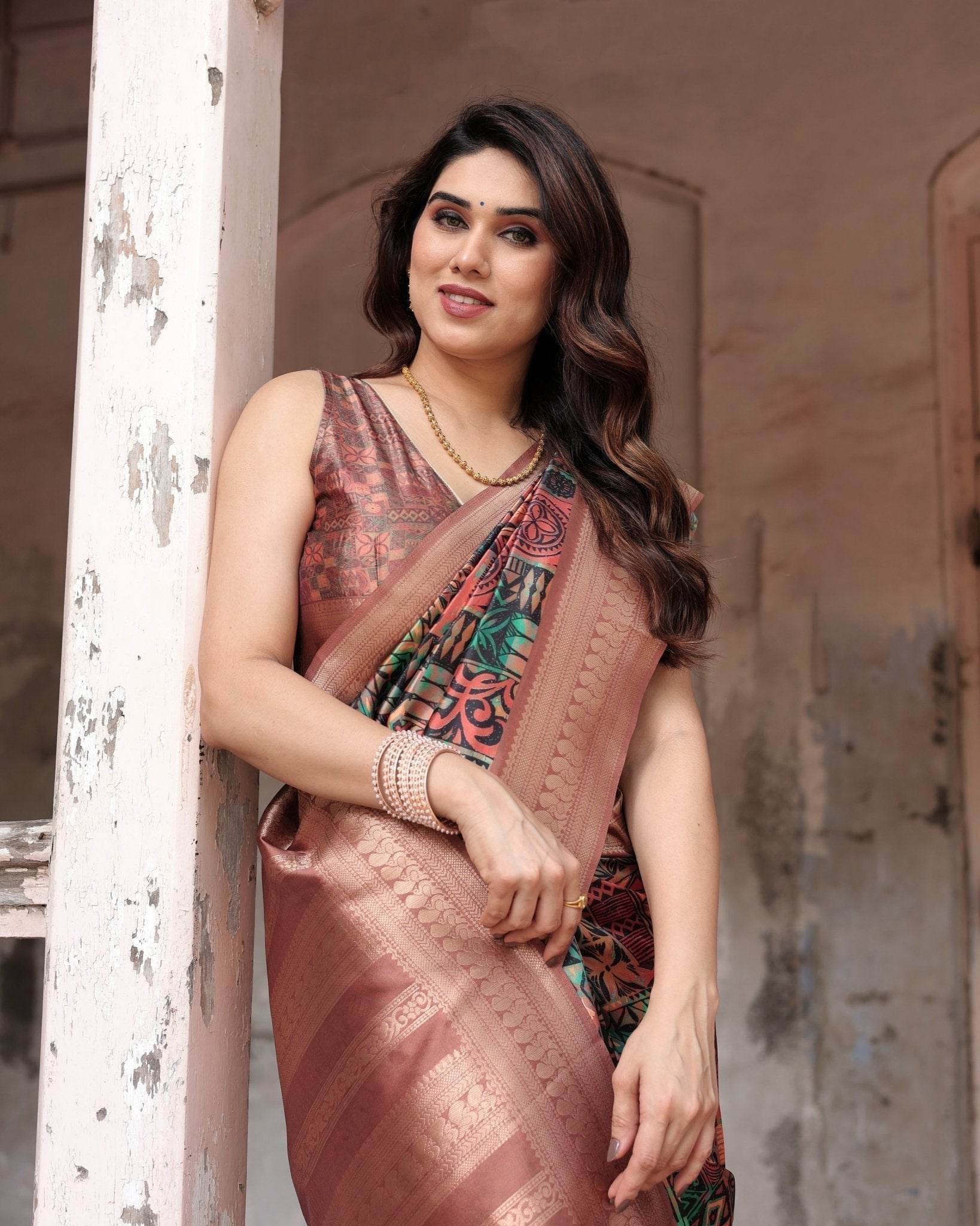 Multicolor Geometric Print Banarasi Silk Saree with Copper Zari Border - SEEANS