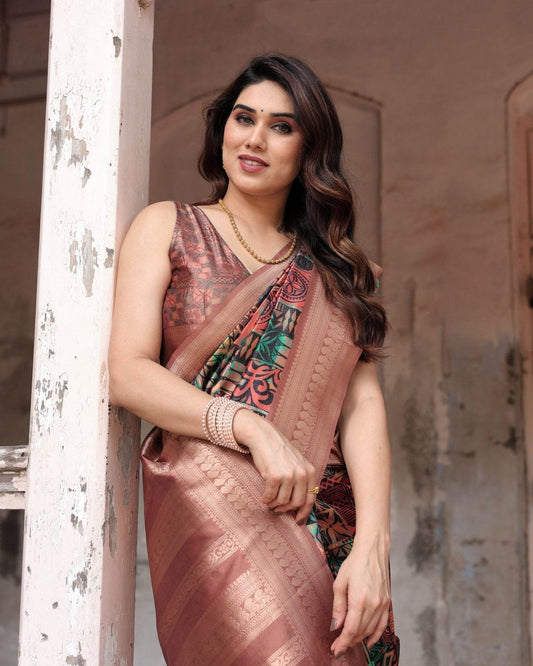 Multicolor Geometric Print Banarasi Silk Saree with Copper Zari Border - SEEANS