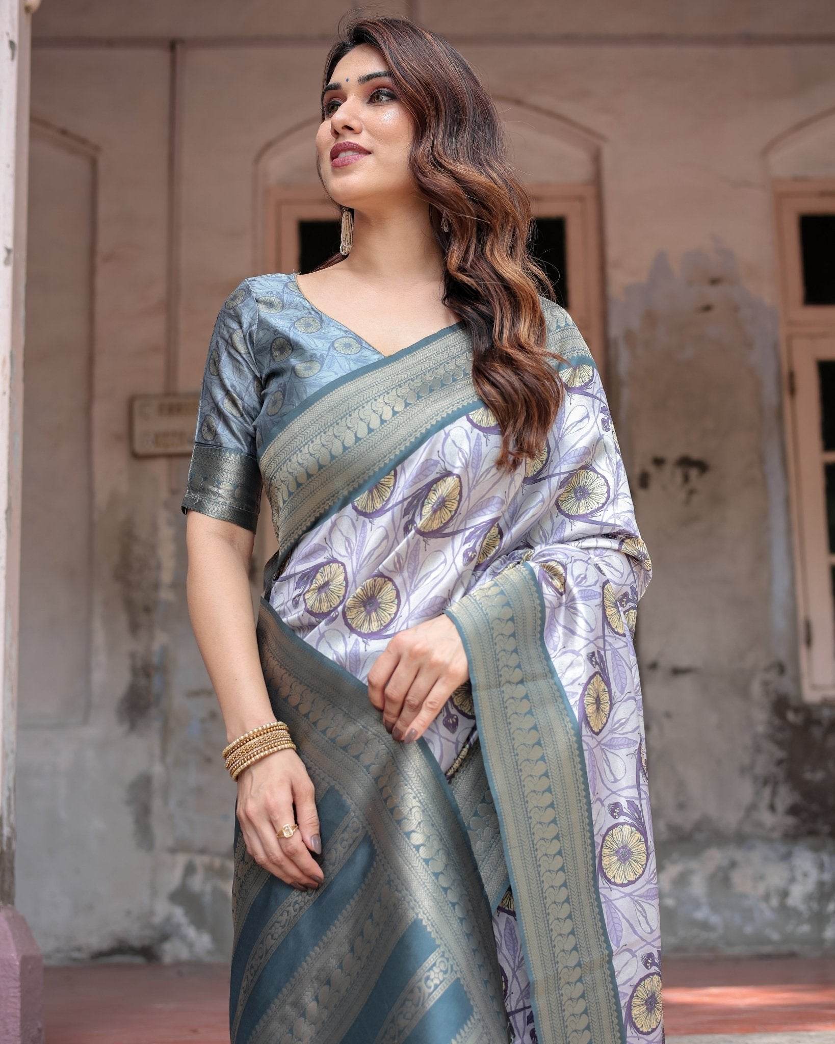 Sophisticated Lilac Banarasi Silk Saree with Floral Prints and Zari Tassel Border - SEEANS