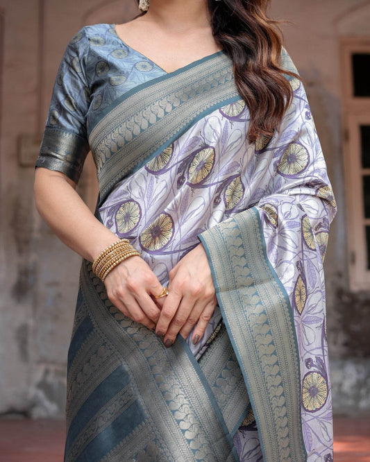 Sophisticated Lilac Banarasi Silk Saree with Floral Prints and Zari Tassel Border - SEEANS
