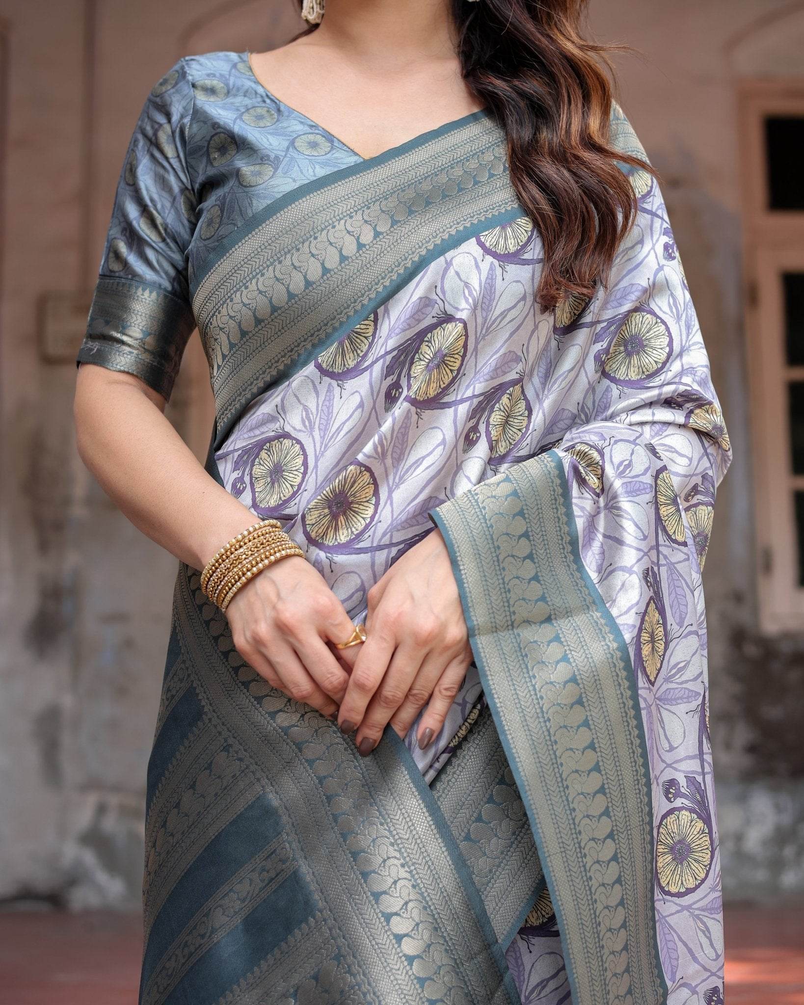 Sophisticated Lilac Banarasi Silk Saree with Floral Prints and Zari Tassel Border - SEEANS