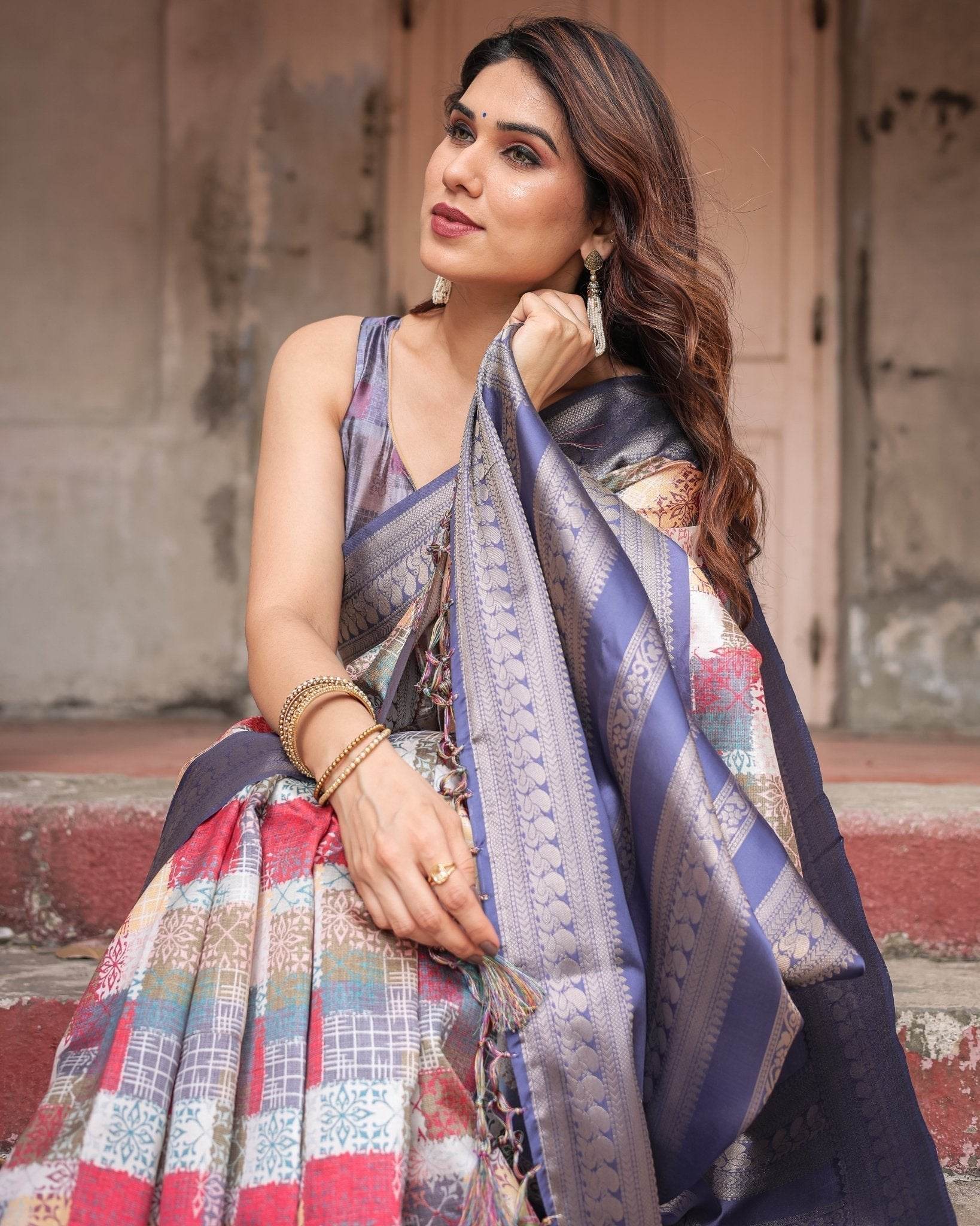Multicolor Banarasi Silk Saree with Abstract Checkered Print & Lavender Zari Border - SEEANS