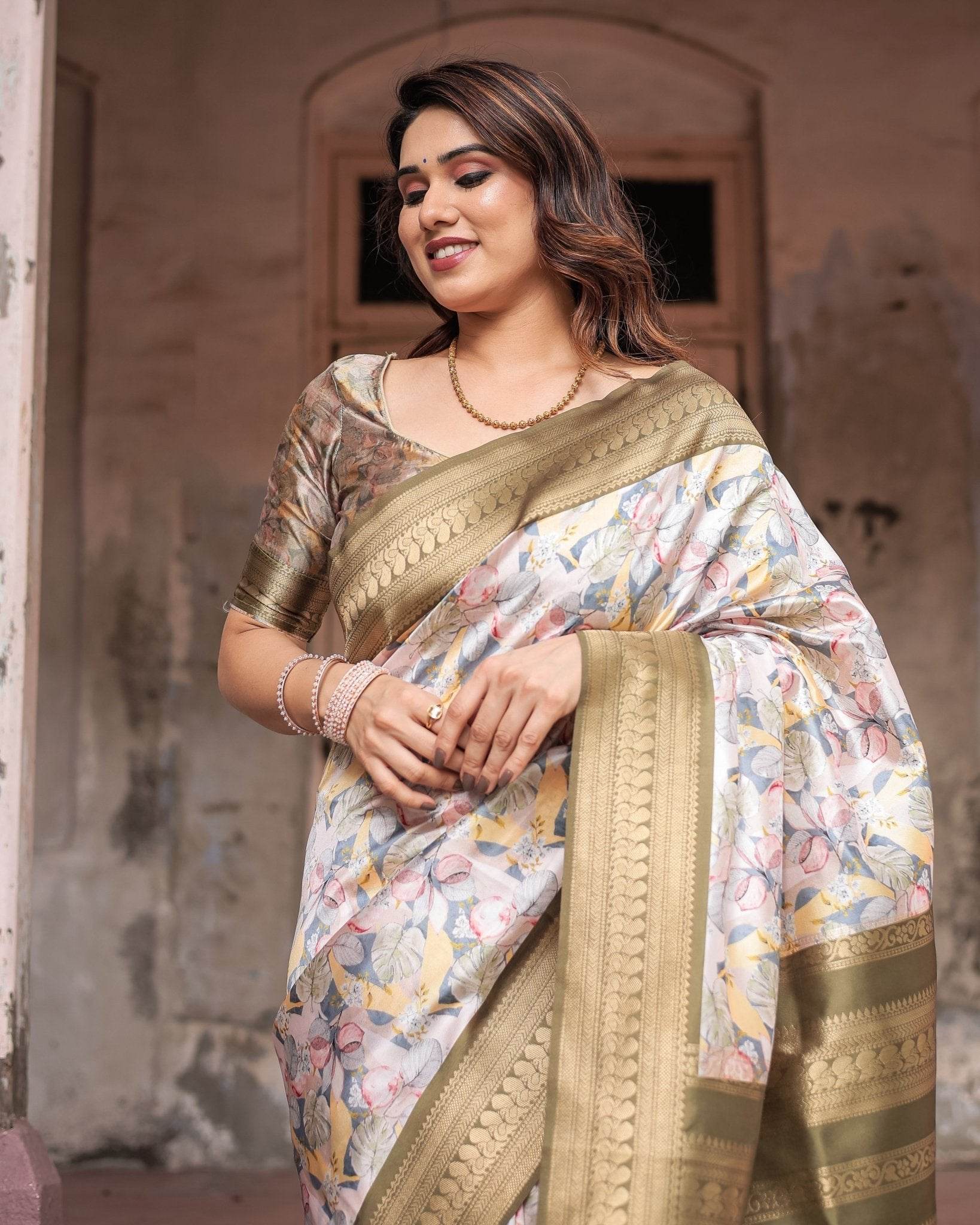 Ivory Banarasi Silk Saree with Gold Zari Border and Multicolor Floral Design - SEEANS