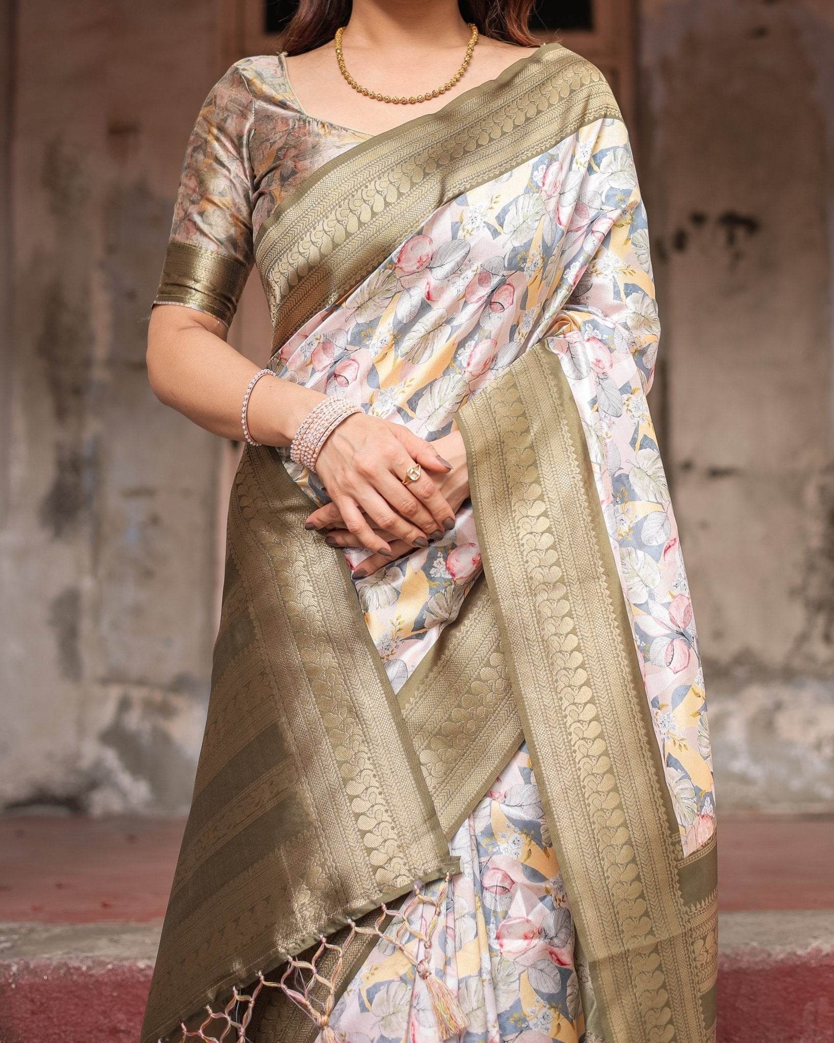 Ivory Banarasi Silk Saree with Gold Zari Border and Multicolor Floral Design - SEEANS