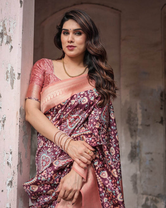 Maroon Banarasi Silk Saree with Peach Zari Border and Paisley Motifs - SEEANS