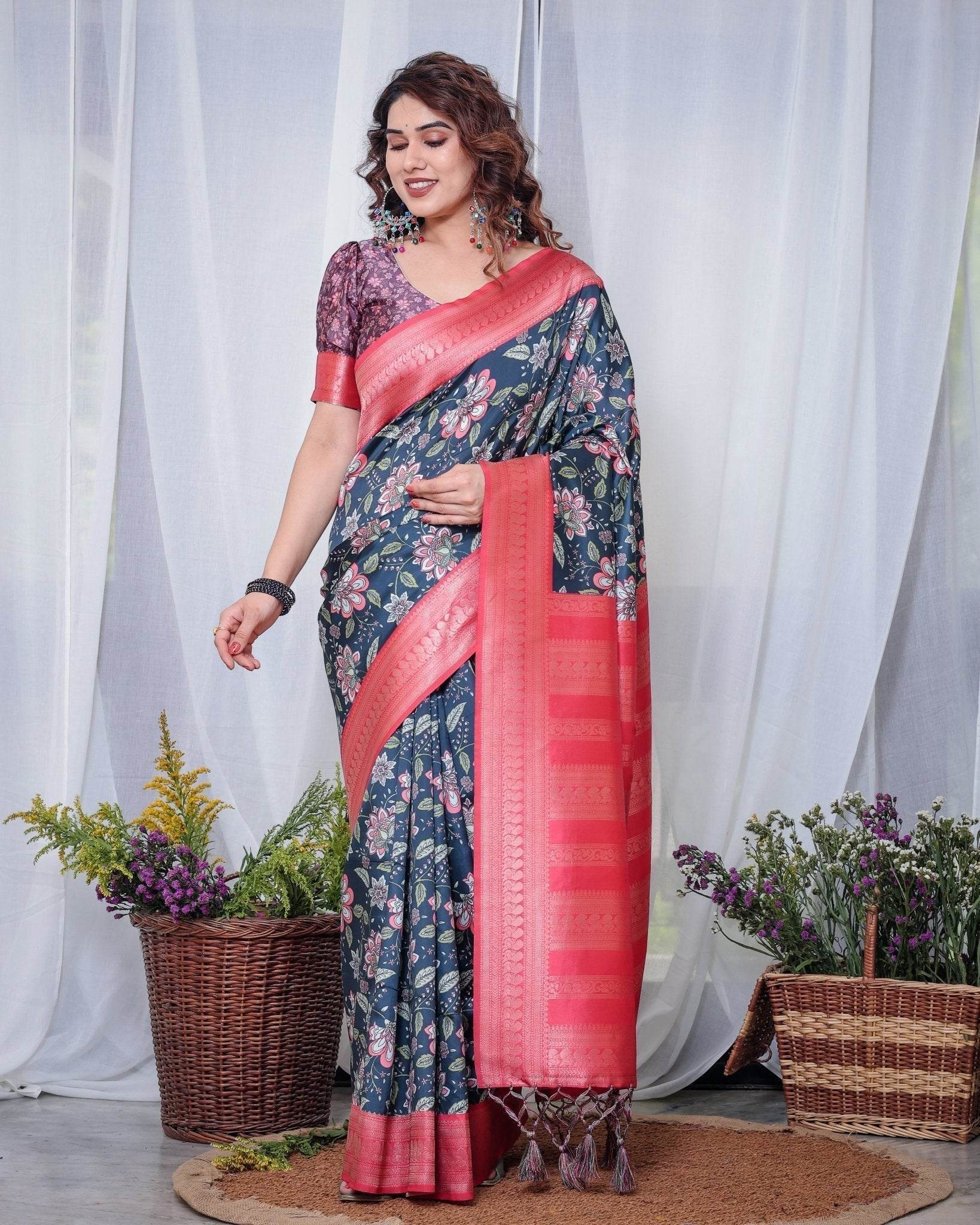 Regal Navy Blue and Pink Floral Banarasi Silk Saree with Tassels - SEEANS