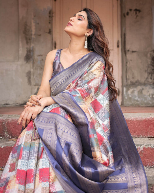 Multicolor Banarasi Silk Saree with Abstract Checkered Print & Lavender Zari Border - SEEANS
