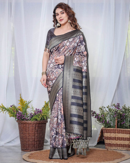 Exquisite Black and Pink Floral Banarasi Silk Saree with Intricate Tassels - SEEANS