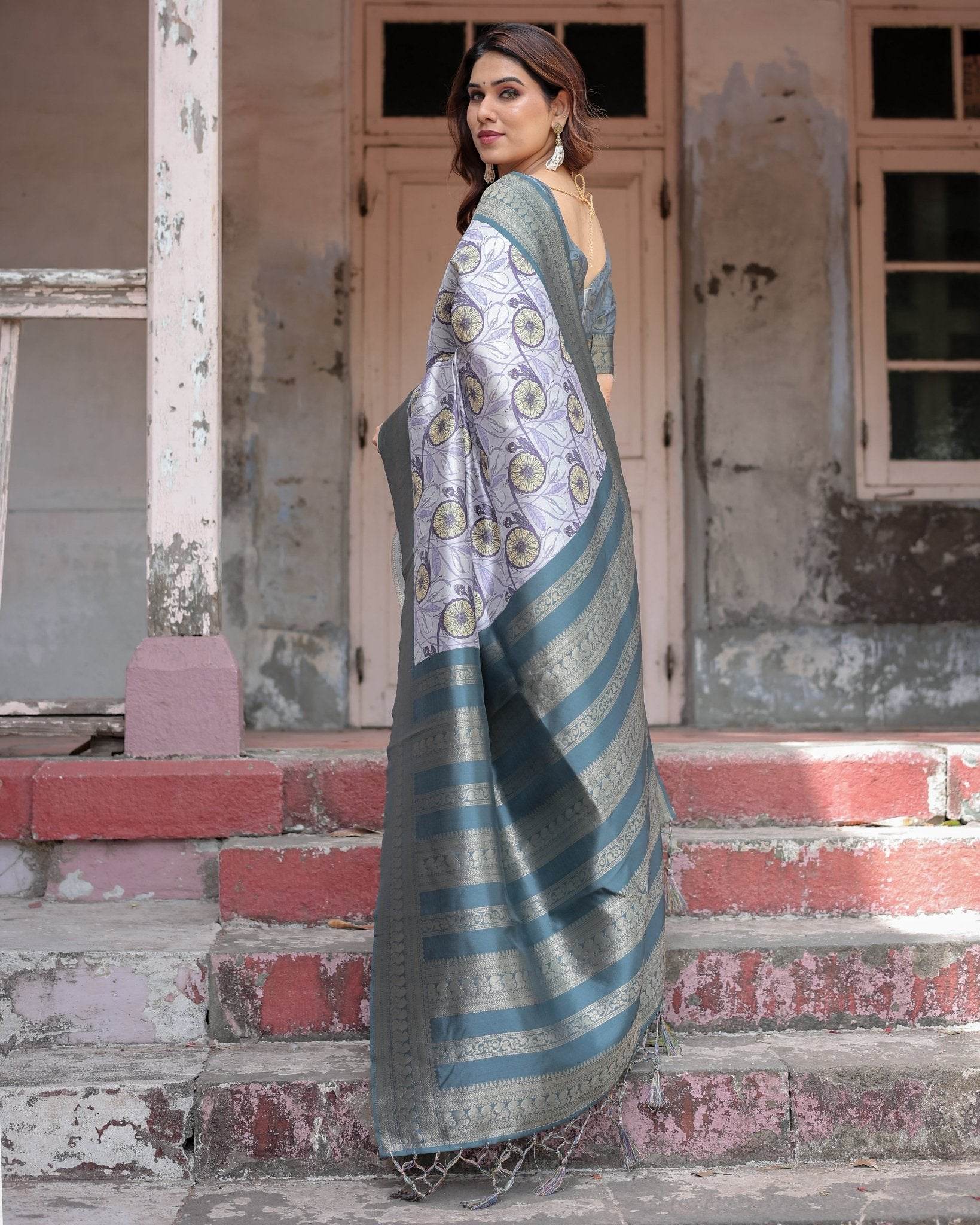 Sophisticated Lilac Banarasi Silk Saree with Floral Prints and Zari Tassel Border - SEEANS