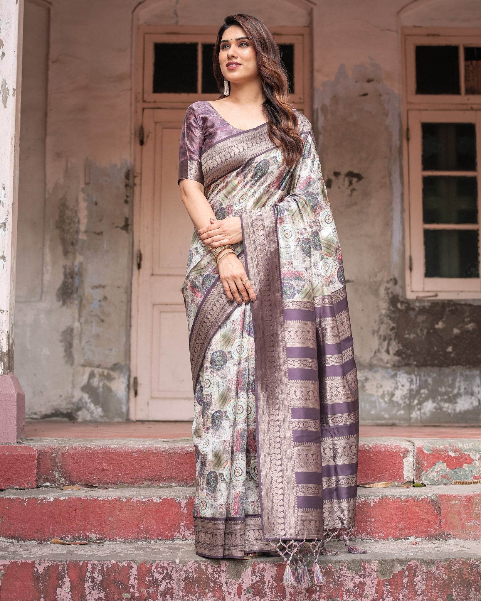Regal Purple Banarasi Silk Saree with Digital Print and Ornate Border - SEEANS
