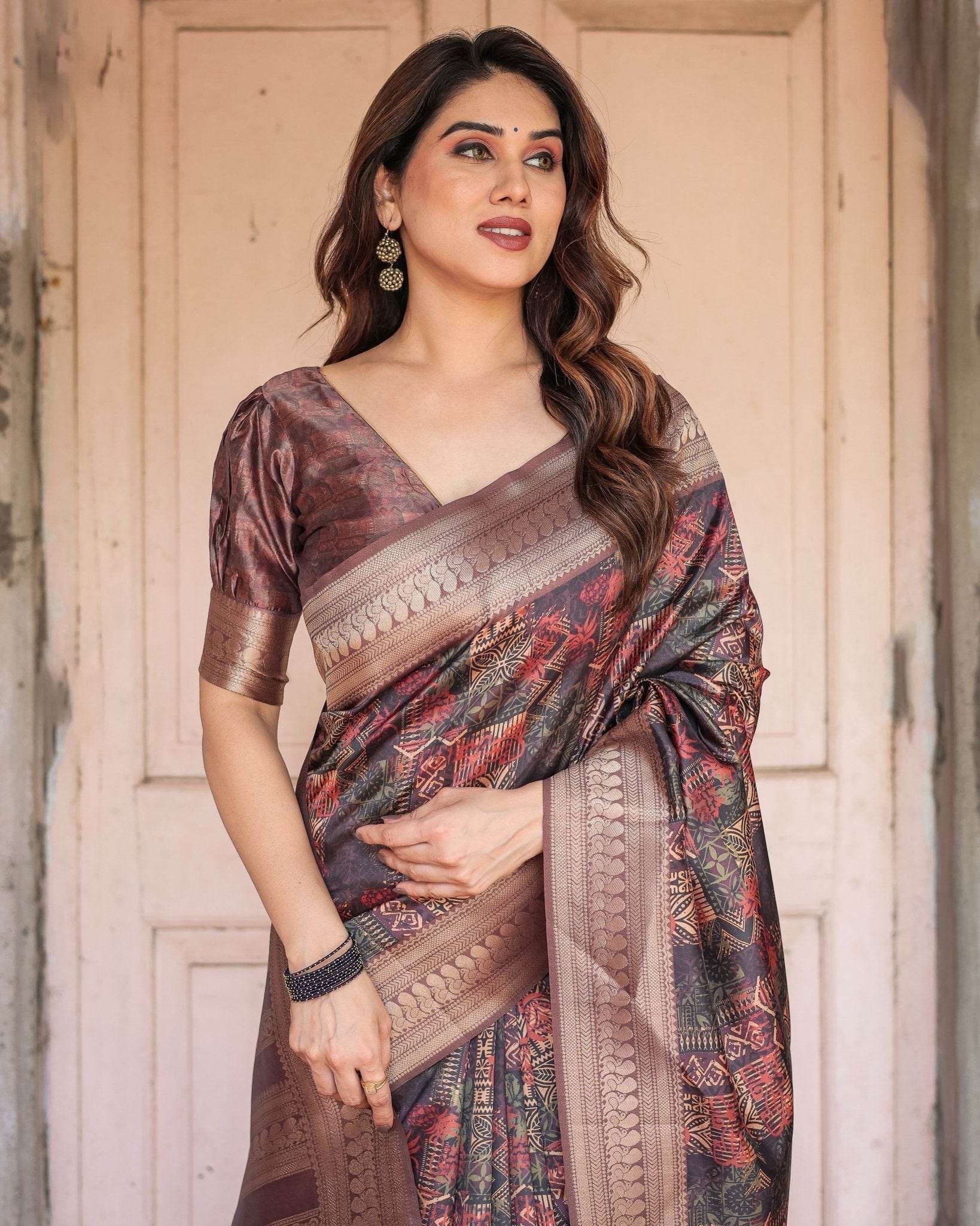 Rich Chocolate Banarasi Silk Saree with Geometric Print and Zari Border - SEEANS