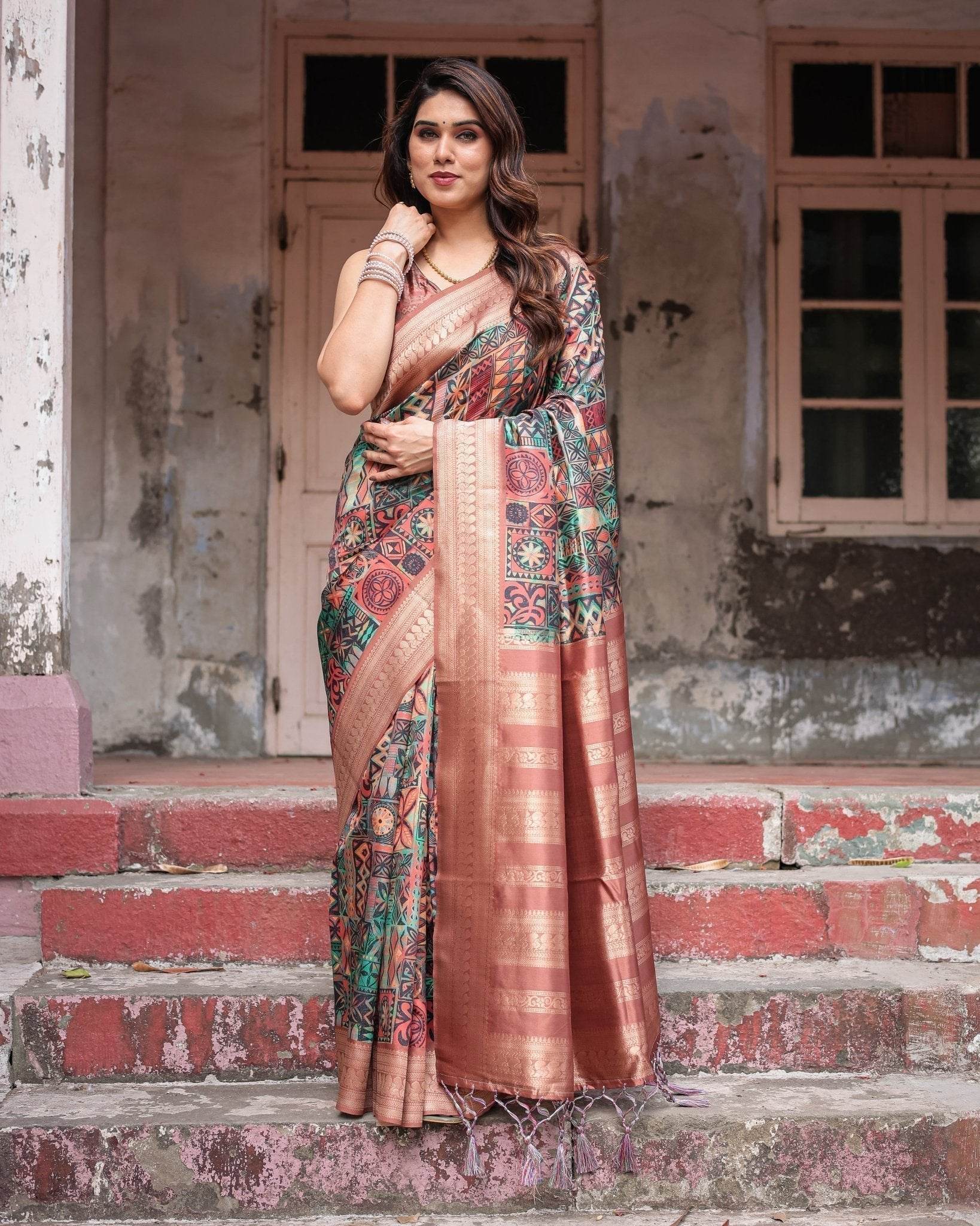 Multicolor Geometric Print Banarasi Silk Saree with Copper Zari Border - SEEANS