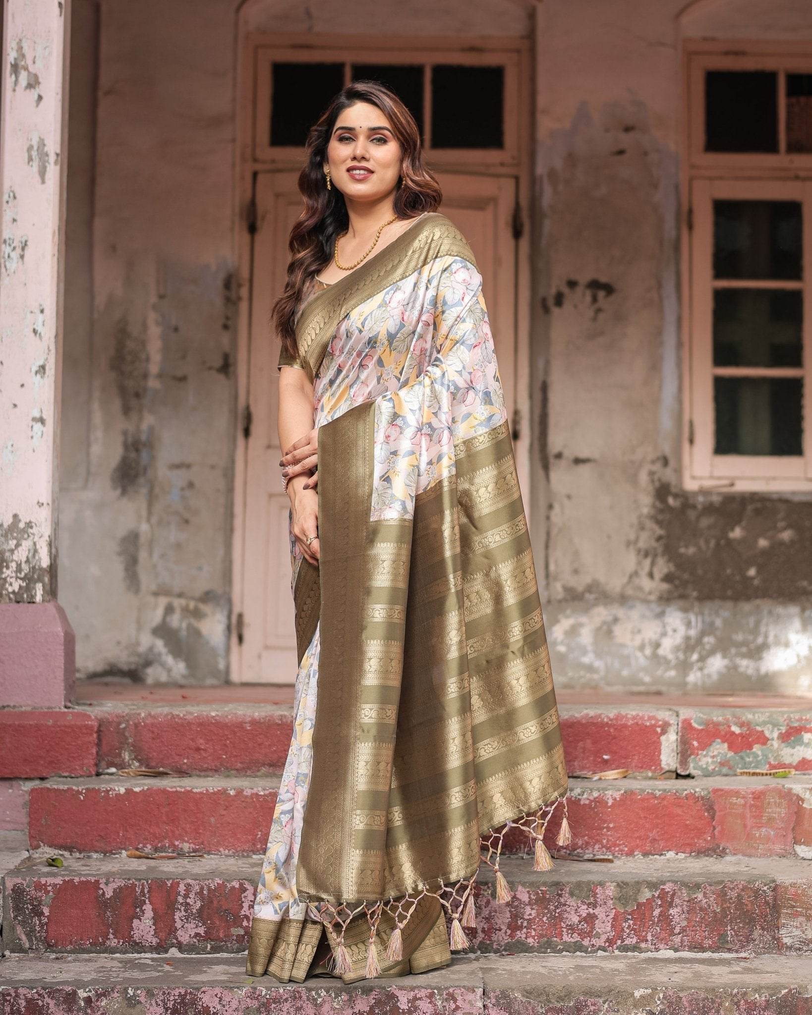Ivory Banarasi Silk Saree with Gold Zari Border and Multicolor Floral Design - SEEANS