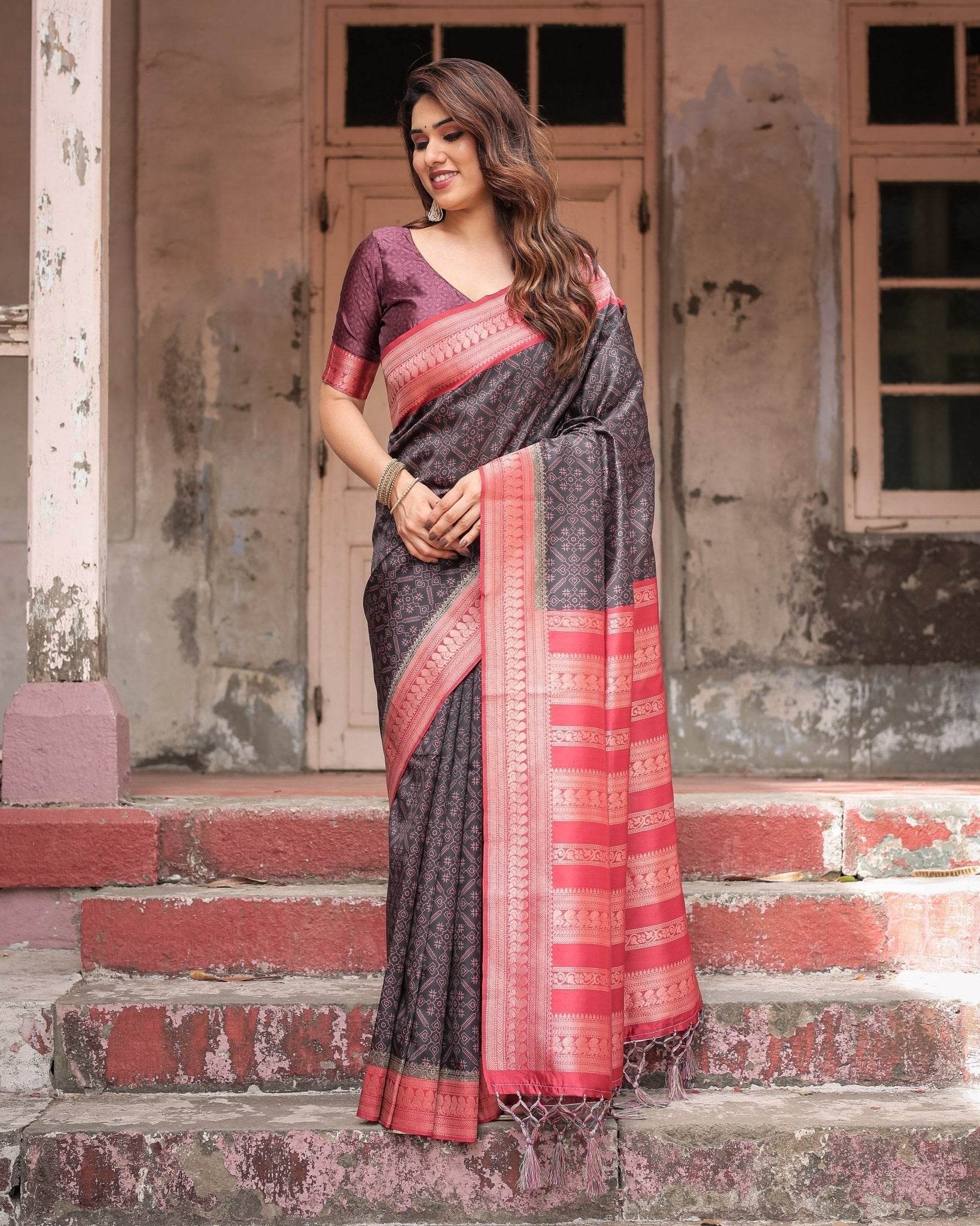 Black Banarasi Silk Saree with Intricate Pink Zari Border & Traditional Motifs - SEEANS